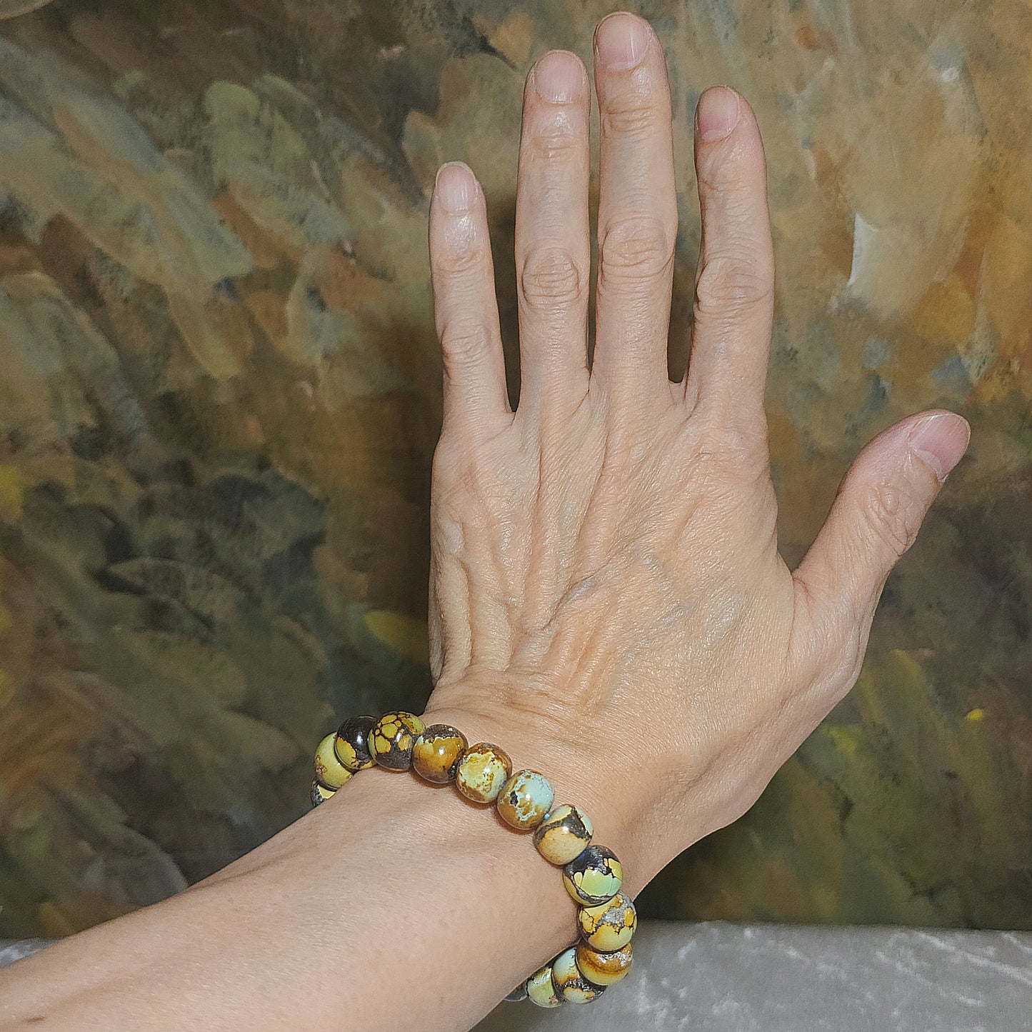 11mm+ Premium natural untreated Hubei Turquoise yellow green tangsancai old style beads bracelet [Natural Crystal] 优质天然原矿湖北松石高瓷菜籽黄唐三彩老型珠手链