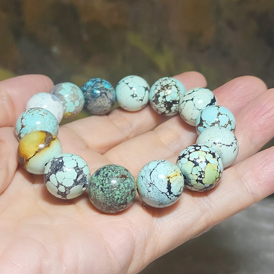 15mm+ Premium natural untreated Hubei Turquoise high density smooth surface round beads bracelet [Natural Crystal] 精品大尺寸天然原矿湖北松石高瓷光滑圆珠手链