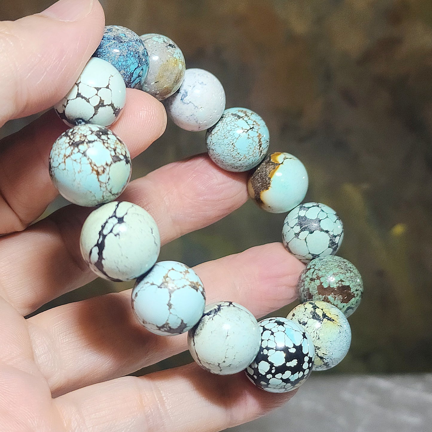 15mm+ Premium natural untreated Hubei Turquoise high density smooth surface round beads bracelet [Natural Crystal] 精品大尺寸天然原矿湖北松石高瓷光滑圆珠手链