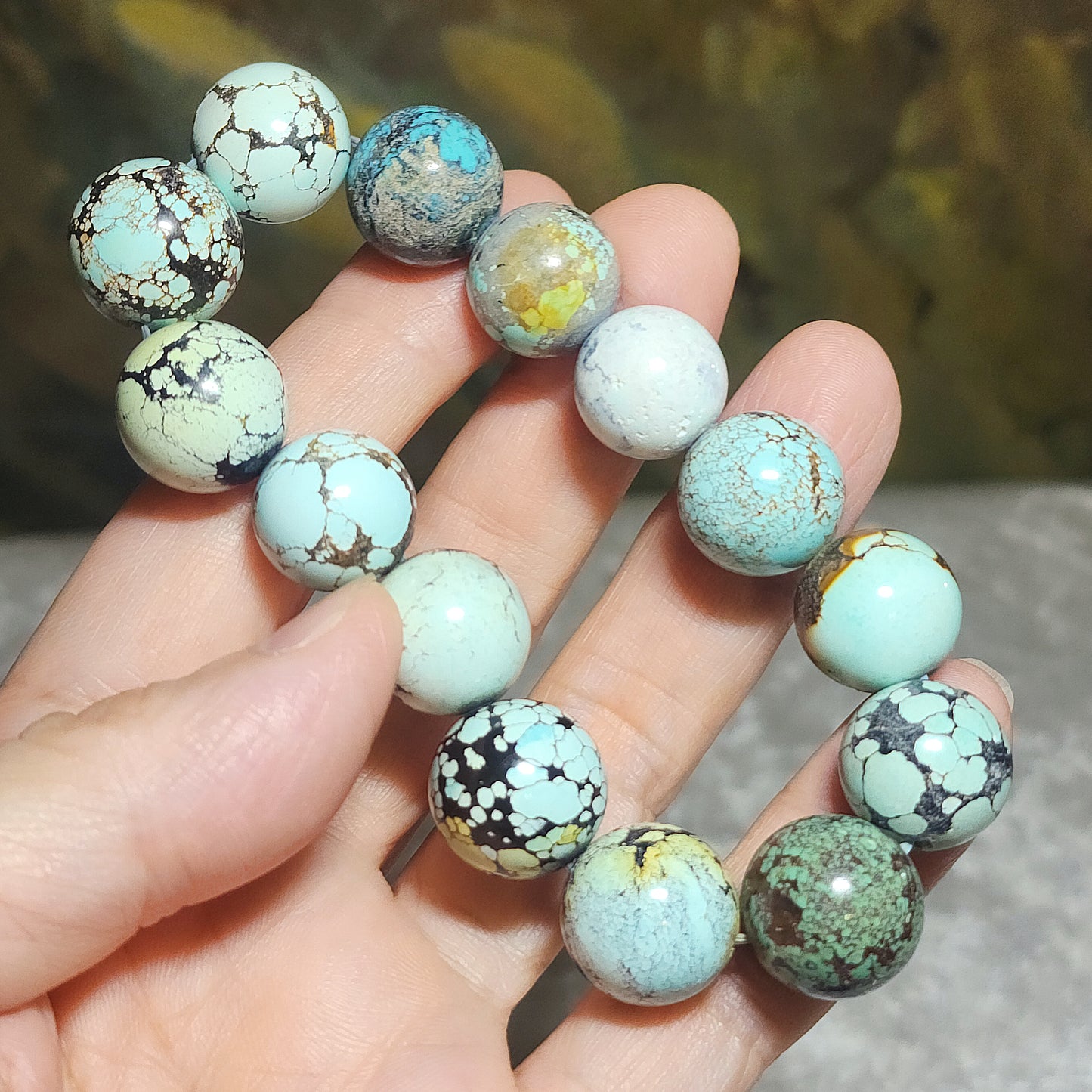15mm+ Premium natural untreated Hubei Turquoise high density smooth surface round beads bracelet [Natural Crystal] 精品大尺寸天然原矿湖北松石高瓷光滑圆珠手链