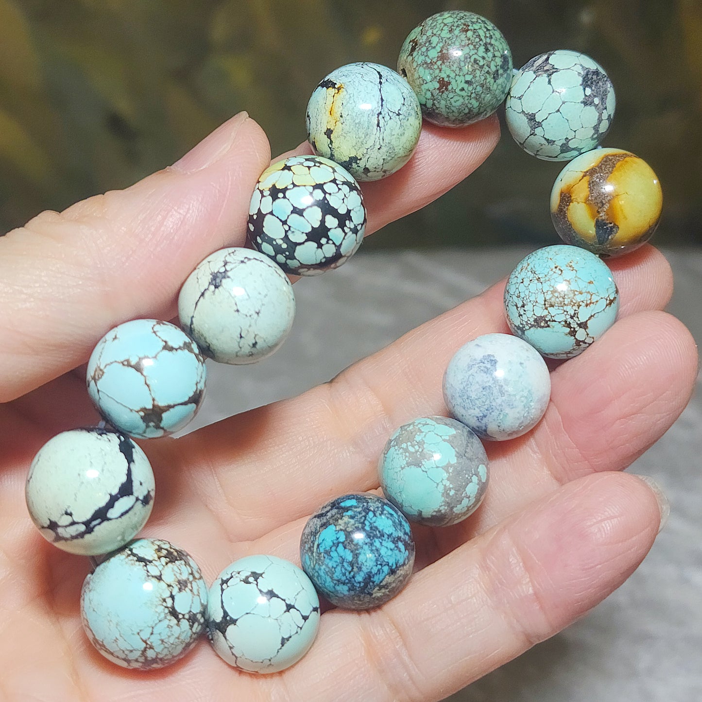 15mm+ Premium natural untreated Hubei Turquoise high density smooth surface round beads bracelet [Natural Crystal] 精品大尺寸天然原矿湖北松石高瓷光滑圆珠手链