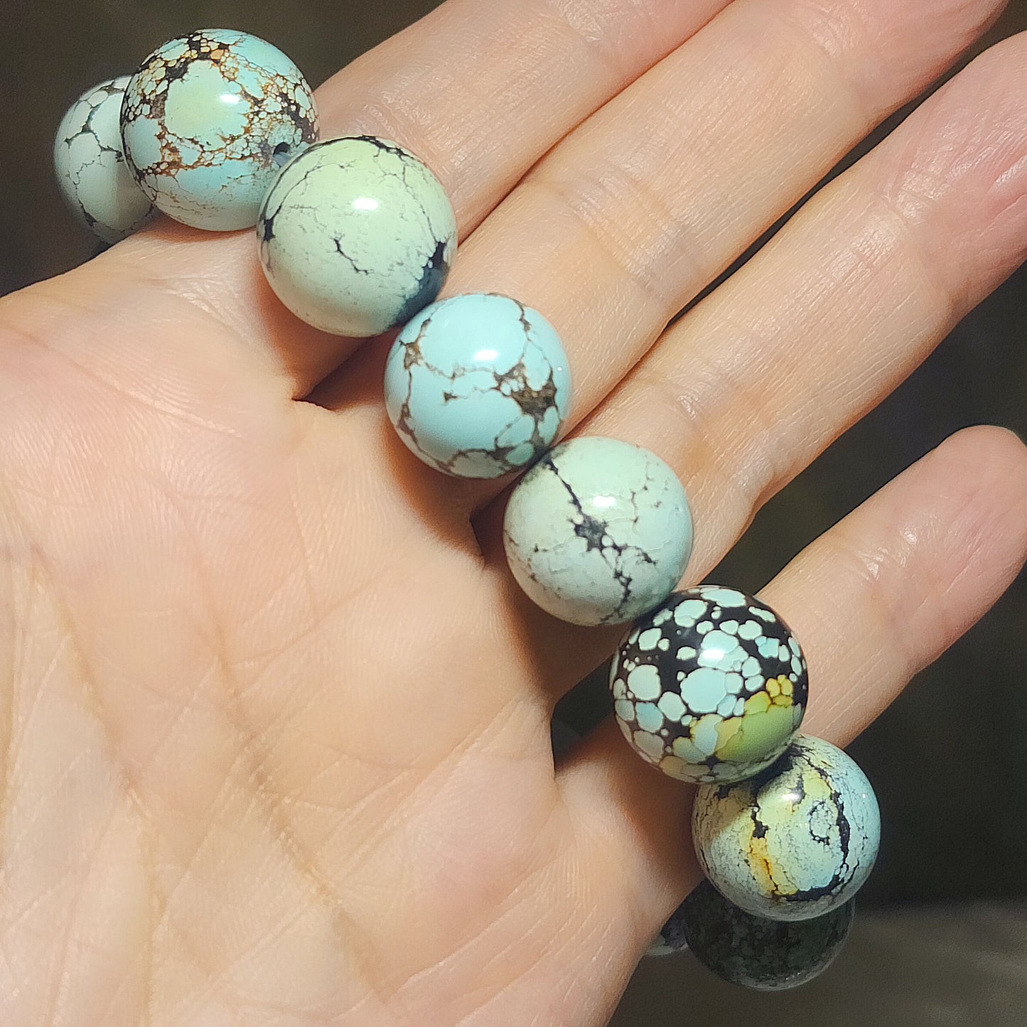 15mm+ Premium natural untreated Hubei Turquoise high density smooth surface round beads bracelet [Natural Crystal] 精品大尺寸天然原矿湖北松石高瓷光滑圆珠手链