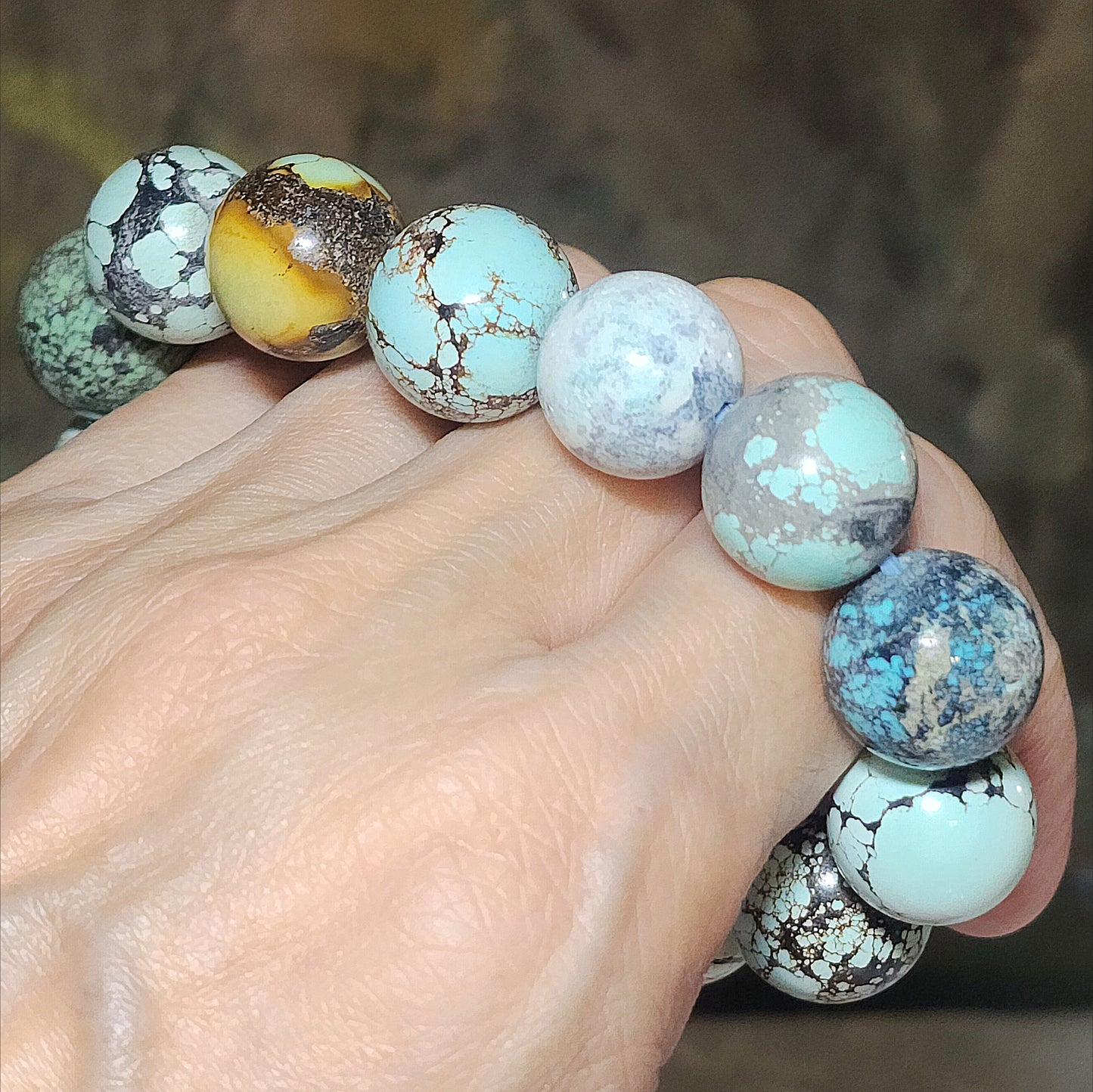 15mm+ Premium natural untreated Hubei Turquoise high density smooth surface round beads bracelet [Natural Crystal] 精品大尺寸天然原矿湖北松石高瓷光滑圆珠手链