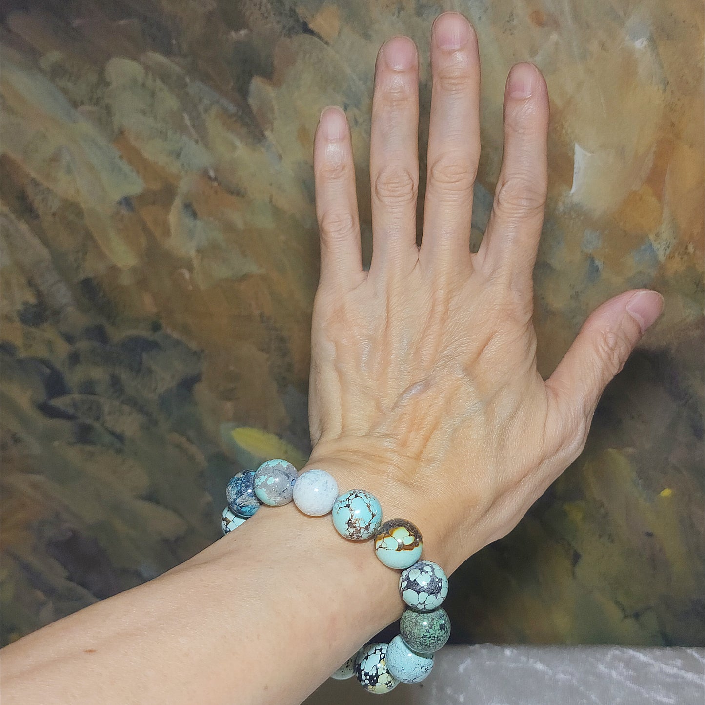 15mm+ Premium natural untreated Hubei Turquoise high density smooth surface round beads bracelet [Natural Crystal] 精品大尺寸天然原矿湖北松石高瓷光滑圆珠手链