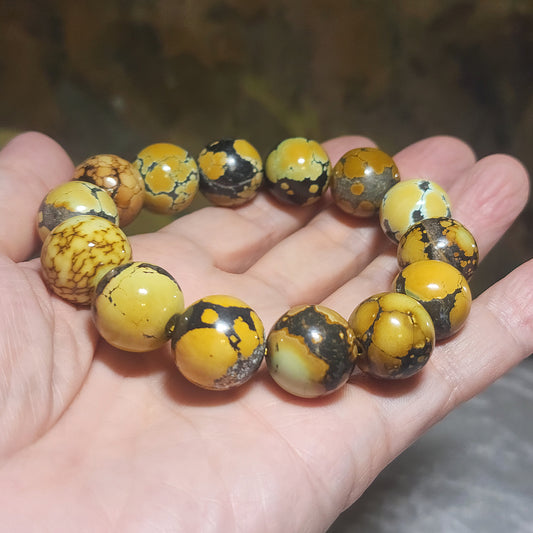 Gegegems Collection 16mm+ Premium natural untreated Hubei Turquoise Cai Zi Huang high density smooth surface round beads bracelet 精品大尺寸天然原矿湖北松石菜籽黄高瓷光滑圆珠手链