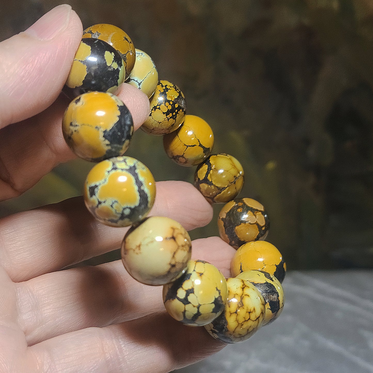 Gegegems Collection 16mm+ Premium natural untreated Hubei Turquoise Cai Zi Huang high density smooth surface round beads bracelet 精品大尺寸天然原矿湖北松石菜籽黄高瓷光滑圆珠手链