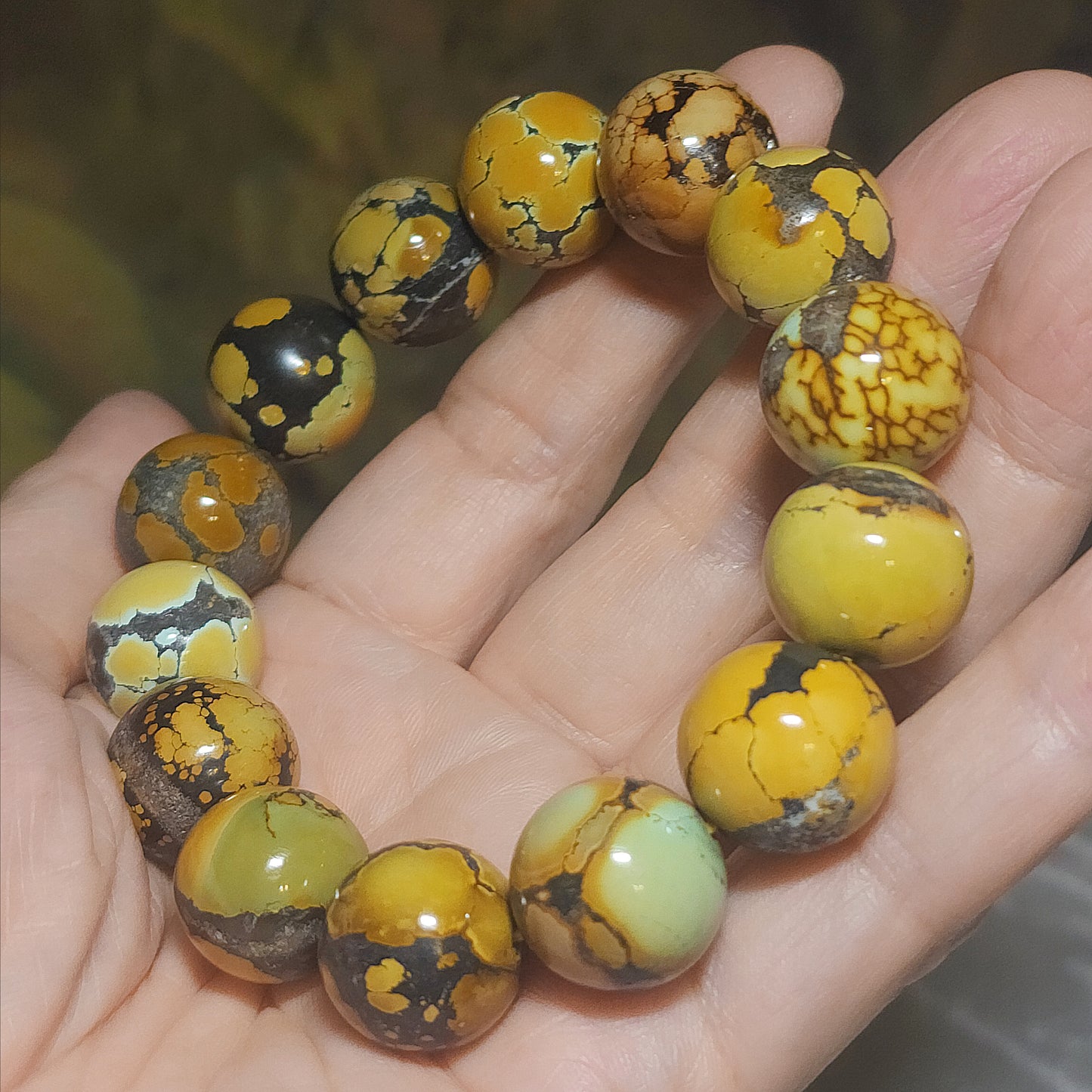 Gegegems Collection 16mm+ Premium natural untreated Hubei Turquoise Cai Zi Huang high density smooth surface round beads bracelet 精品大尺寸天然原矿湖北松石菜籽黄高瓷光滑圆珠手链