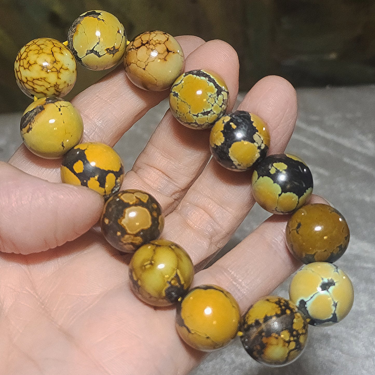 Gegegems Collection 16mm+ Premium natural untreated Hubei Turquoise Cai Zi Huang high density smooth surface round beads bracelet 精品大尺寸天然原矿湖北松石菜籽黄高瓷光滑圆珠手链