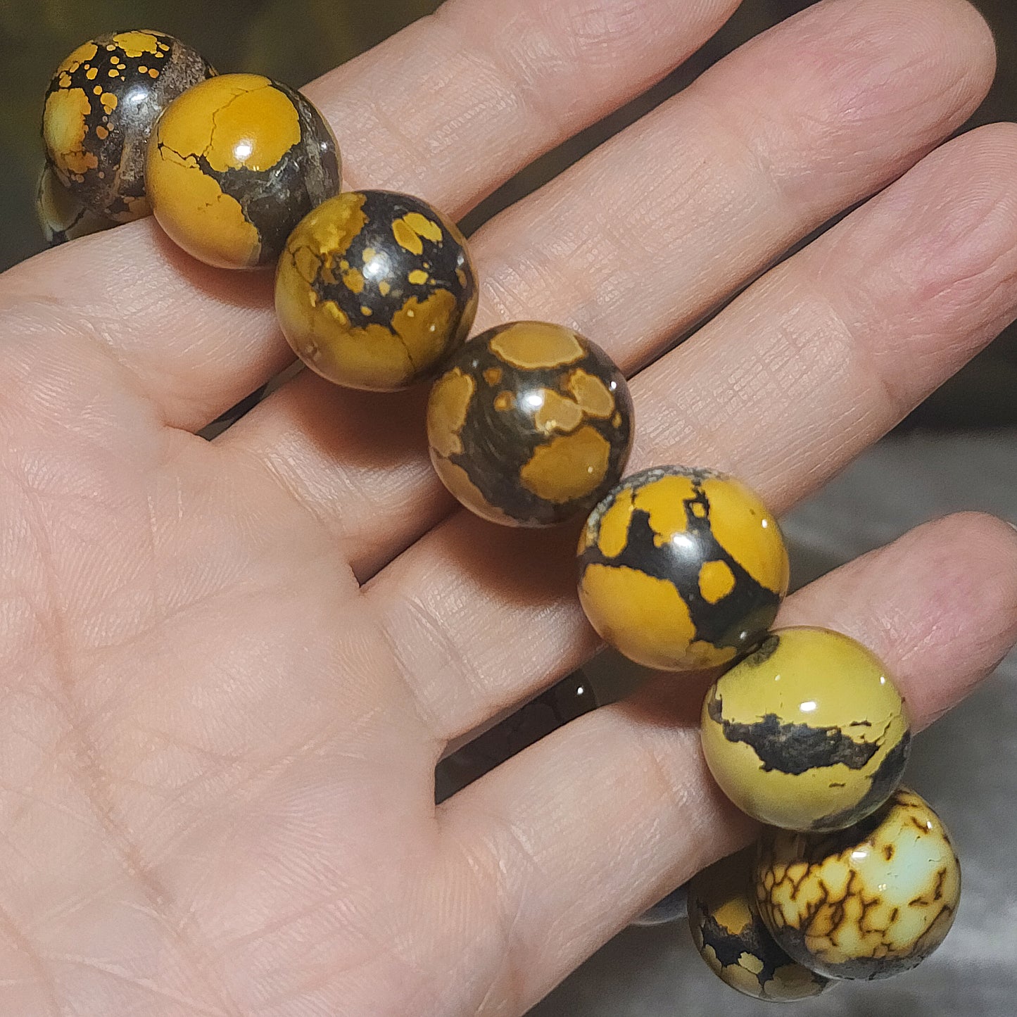 Gegegems Collection 16mm+ Premium natural untreated Hubei Turquoise Cai Zi Huang high density smooth surface round beads bracelet 精品大尺寸天然原矿湖北松石菜籽黄高瓷光滑圆珠手链