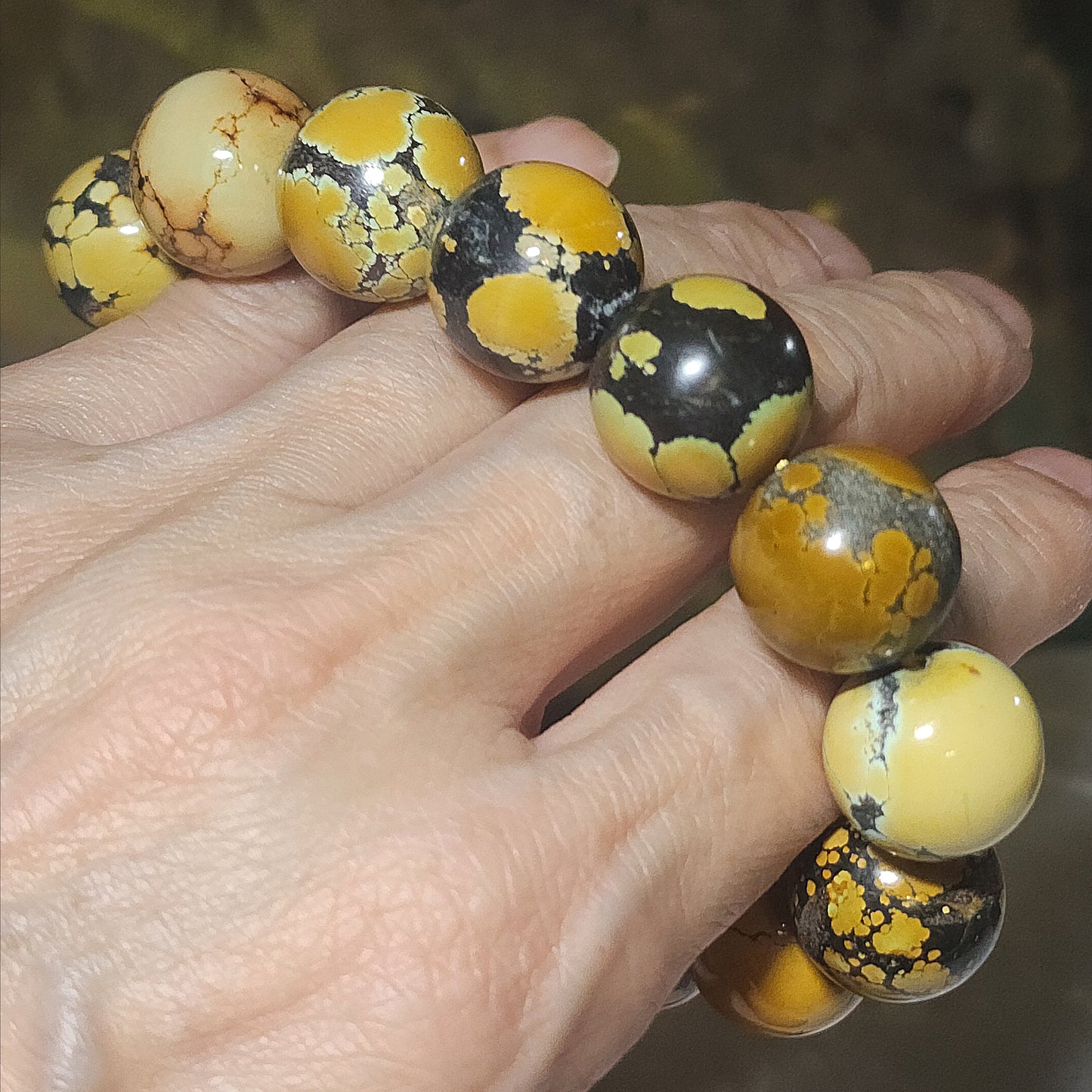 Gegegems Collection 16mm+ Premium natural untreated Hubei Turquoise Cai Zi Huang high density smooth surface round beads bracelet 精品大尺寸天然原矿湖北松石菜籽黄高瓷光滑圆珠手链