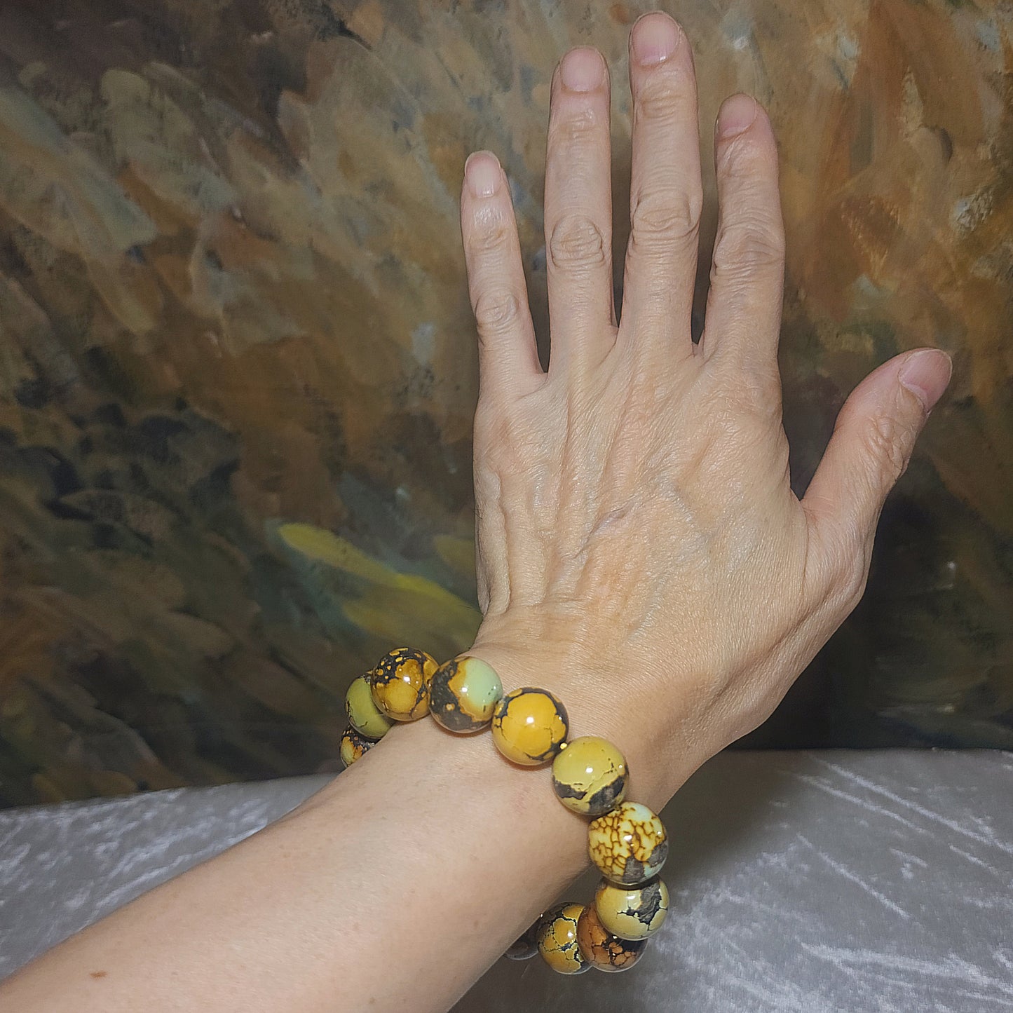 Gegegems Collection 16mm+ Premium natural untreated Hubei Turquoise Cai Zi Huang high density smooth surface round beads bracelet 精品大尺寸天然原矿湖北松石菜籽黄高瓷光滑圆珠手链