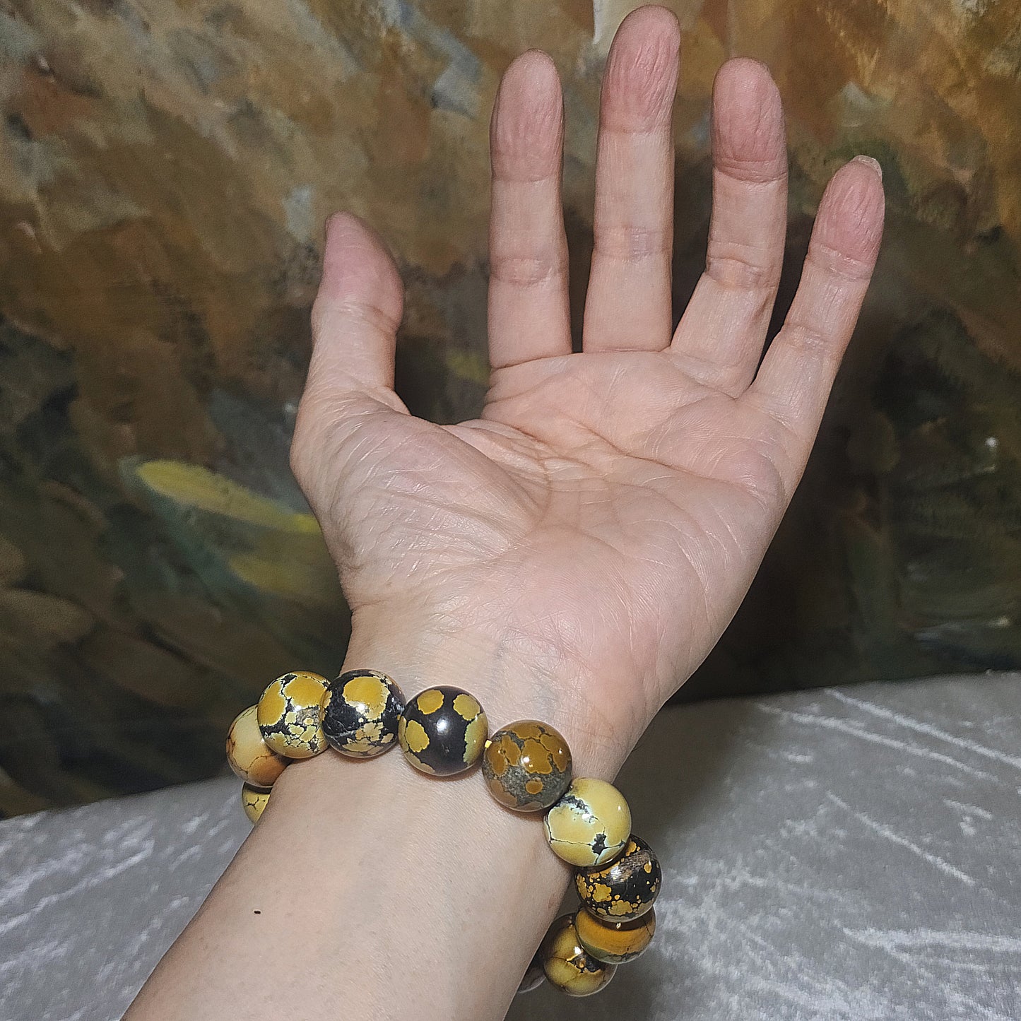 Gegegems Collection 16mm+ Premium natural untreated Hubei Turquoise Cai Zi Huang high density smooth surface round beads bracelet 精品大尺寸天然原矿湖北松石菜籽黄高瓷光滑圆珠手链
