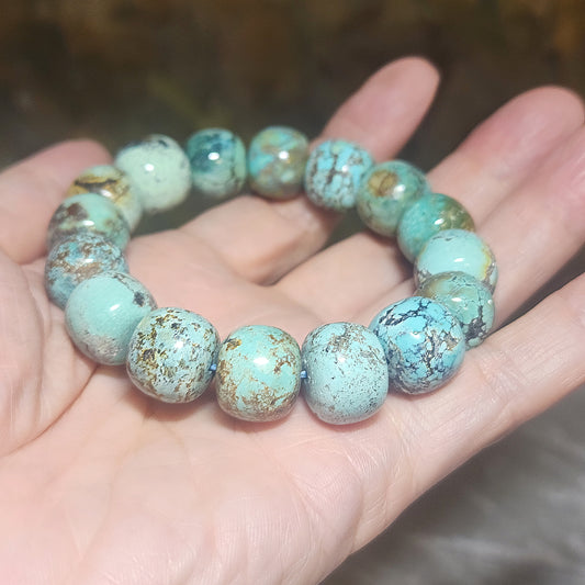 14mm+ Premium natural untreated Hubei Turquoise high density smooth surface traditional old style beads bracelet 精品大尺寸天然原矿湖北松石高瓷光滑老型珠手链