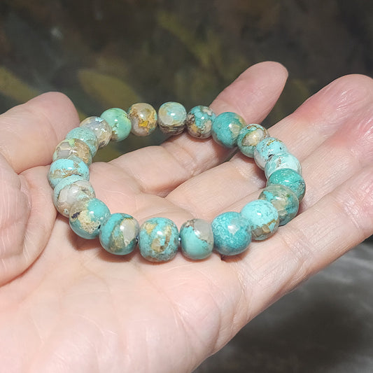 10.5mm Premium natural untreated Hubei Turquoise light blue green Tang Sancai apple shape beads bracelet 精品天然原矿湖北松石高瓷淡蓝绿唐三彩苹果珠手链
