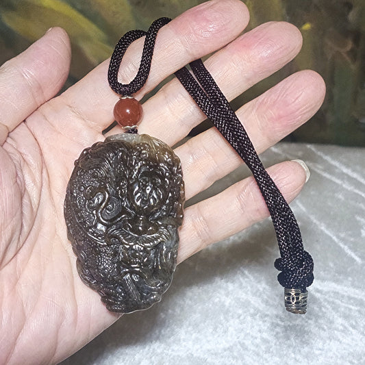 Premium Nephrite deep caramel & white hand carved 3 dimensional Dragon & Peanut handheld large pendant (with certificate) 精品且末和田玉糖白生意兴隆(龙、花生)手把件(带证书)