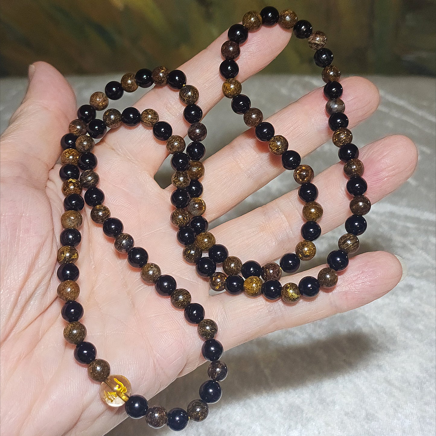 Gegegems Creation 6mm Black Tourmaline Bronzite 8mm Smoky Quartz 108 mala necklace 精品黑碧玺古铜辉配茶水晶六字真言108念珠项链