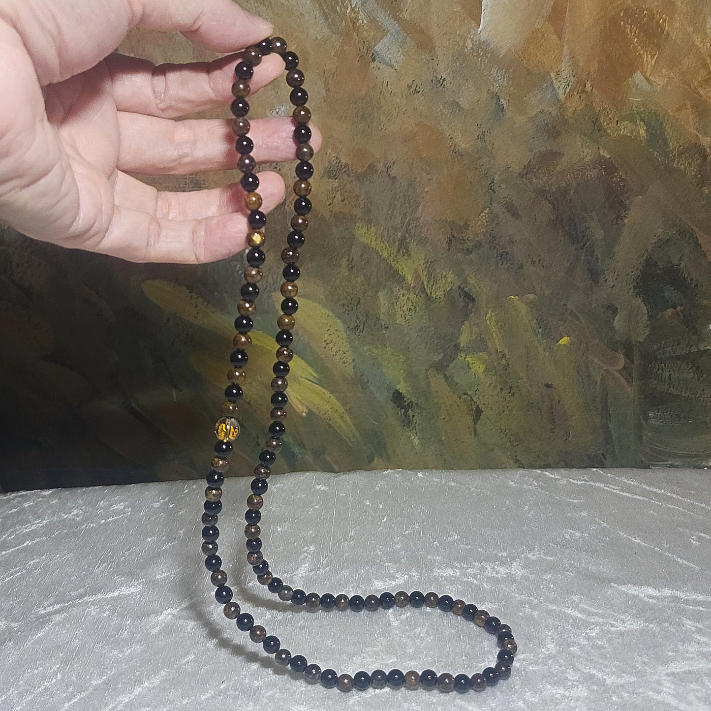 Gegegems Creation 6mm Black Tourmaline Bronzite 8mm Smoky Quartz 108 mala necklace 精品黑碧玺古铜辉配茶水晶六字真言108念珠项链