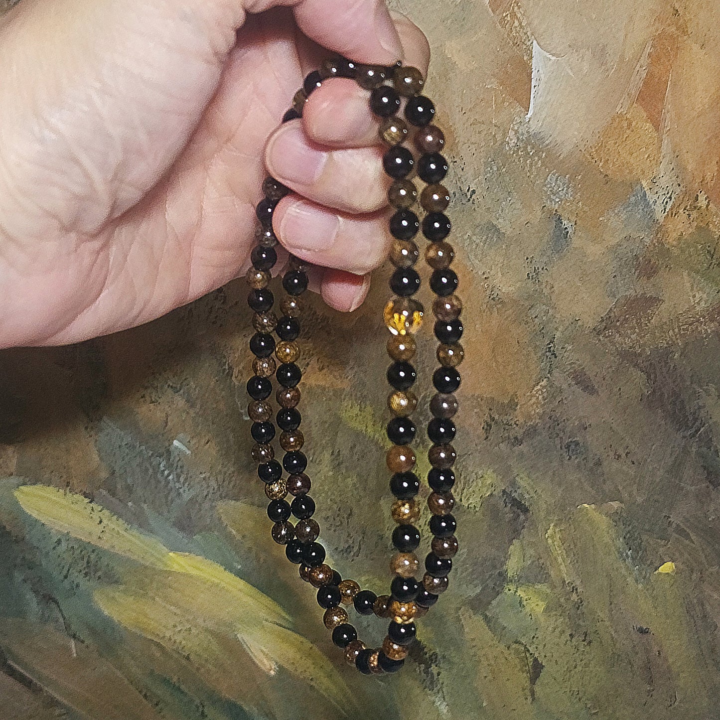 Gegegems Creation 6mm Black Tourmaline Bronzite 8mm Smoky Quartz 108 mala necklace 精品黑碧玺古铜辉配茶水晶六字真言108念珠项链
