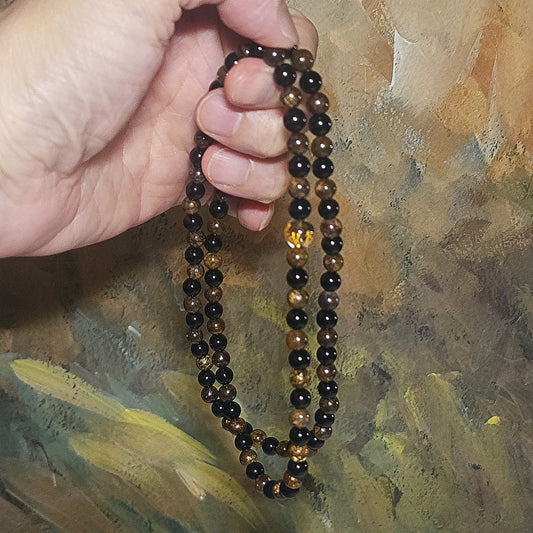 Gegegems Creation 6mm Black Tourmaline Bronzite 8mm Smoky Quartz 108 mala necklace 精品黑碧玺古铜辉配茶水晶六字真言108念珠项链