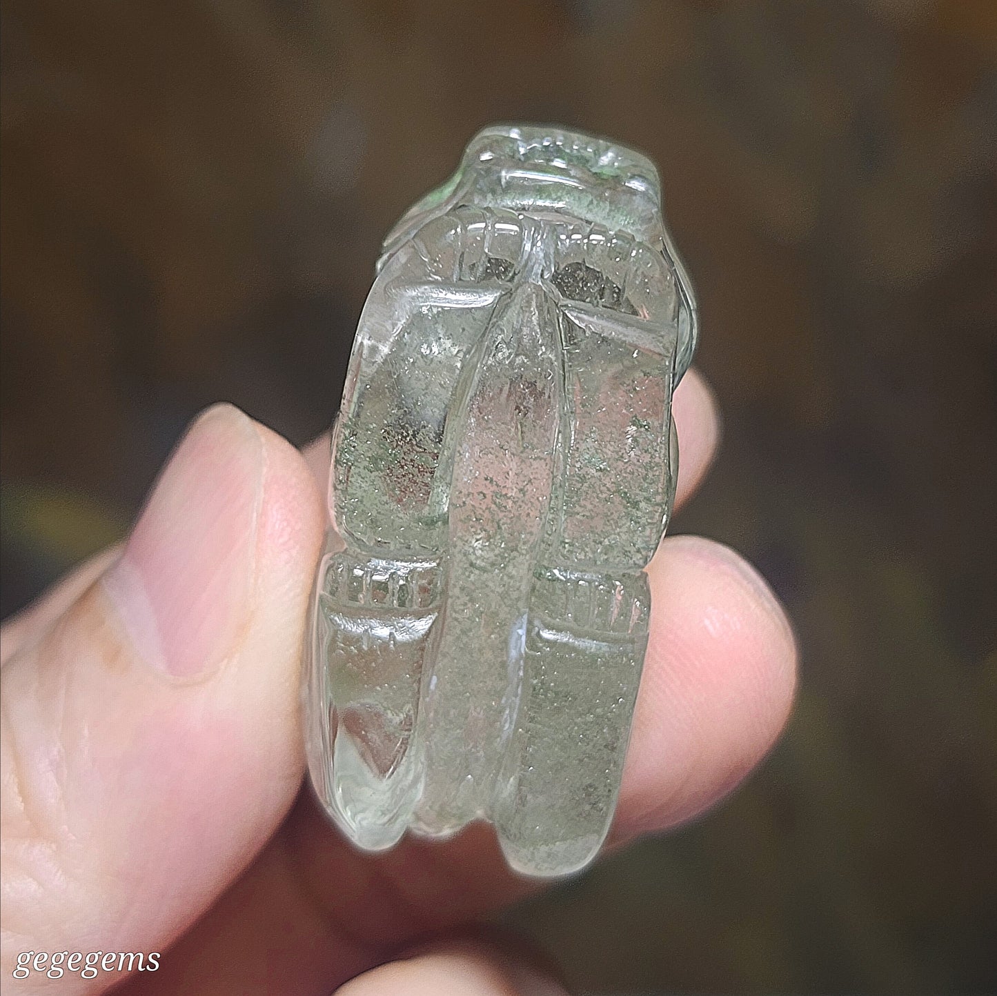 Gegegems Collection premium Green Phantom Quartz 3 dimensions Pi Xiu pendant Icy transparent with rainbow reflection & layers of "mountains" (free necklace cord) [Natural Crystal]  精品透体多层绿幽灵彩虹立体貔貅吊坠(送项链绳)