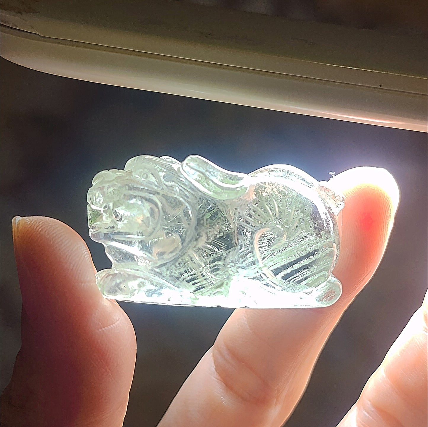 Gegegems Collection premium Green Phantom Quartz 3 dimensions Pi Xiu pendant Icy transparent with rainbow reflection & layers of "mountains" (free necklace cord) [Natural Crystal]  精品透体多层绿幽灵彩虹立体貔貅吊坠(送项链绳)