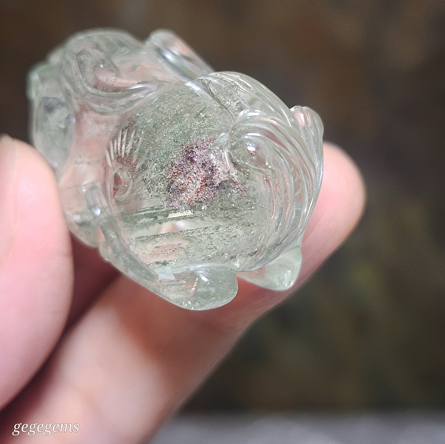Gegegems Collection premium Green Phantom Quartz 3 dimensions Pi Xiu pendant Icy transparent with rainbow reflection & layers of "mountains" (free necklace cord) [Natural Crystal]  精品透体多层绿幽灵彩虹立体貔貅吊坠(送项链绳)