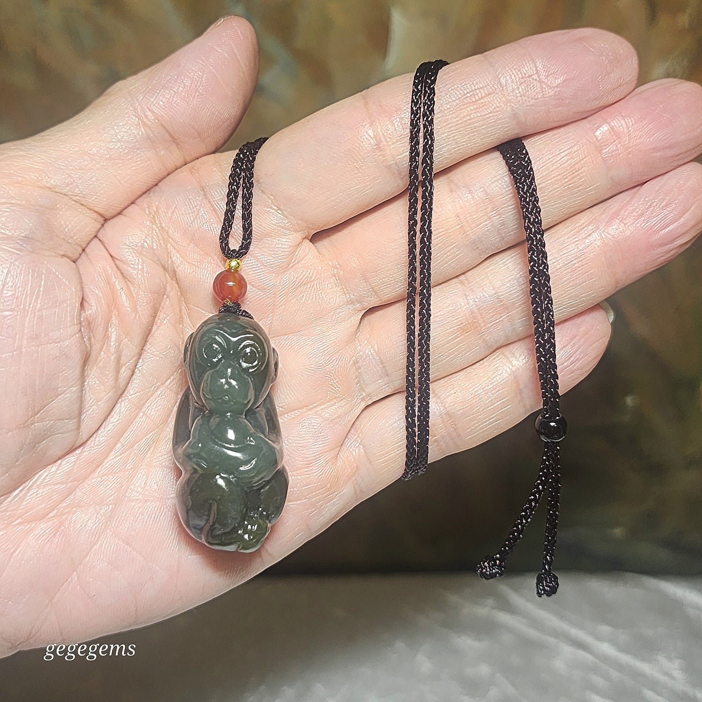 Premium Nephrite caramel brown blue green good greasiness 3 dimensional Monkey & Gold Ingot Jade pendant (with certificate) 优质且末蓝调糖青白細腻油润和田玉猴子元宝吊坠(带证书)