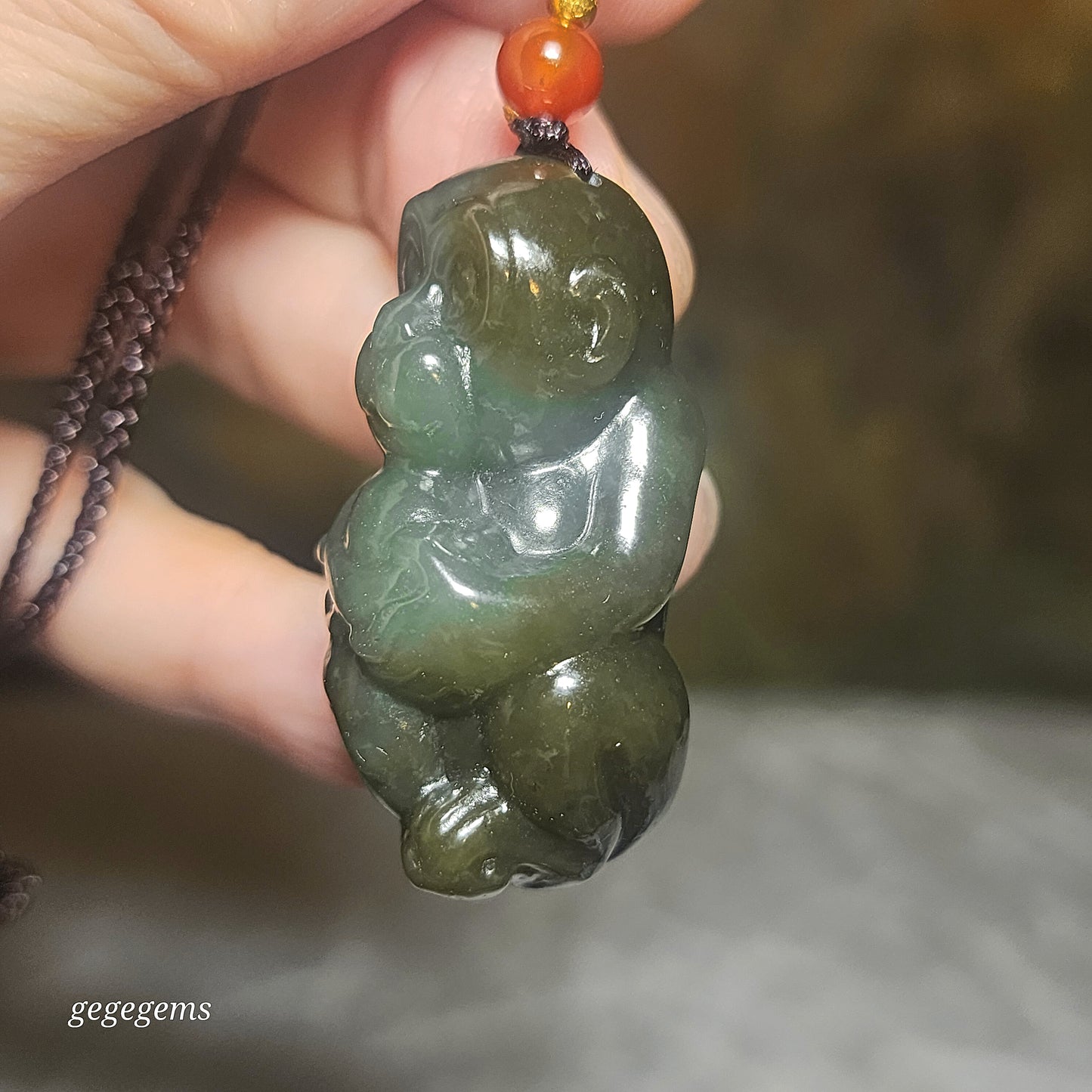 Premium Nephrite caramel brown blue green good greasiness 3 dimensional Monkey & Gold Ingot Jade pendant (with certificate) 优质且末蓝调糖青白細腻油润和田玉猴子元宝吊坠(带证书)