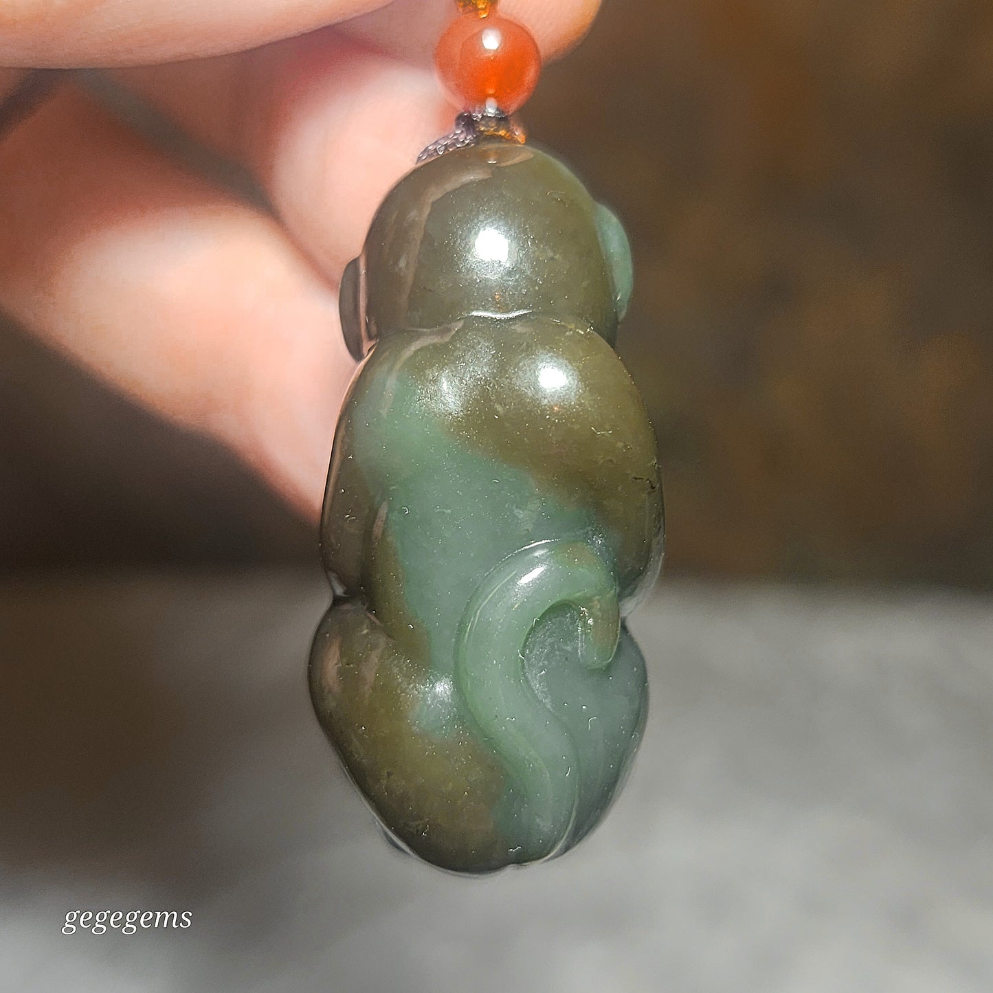 Premium Nephrite caramel brown blue green good greasiness 3 dimensional Monkey & Gold Ingot Jade pendant (with certificate) 优质且末蓝调糖青白細腻油润和田玉猴子元宝吊坠(带证书)