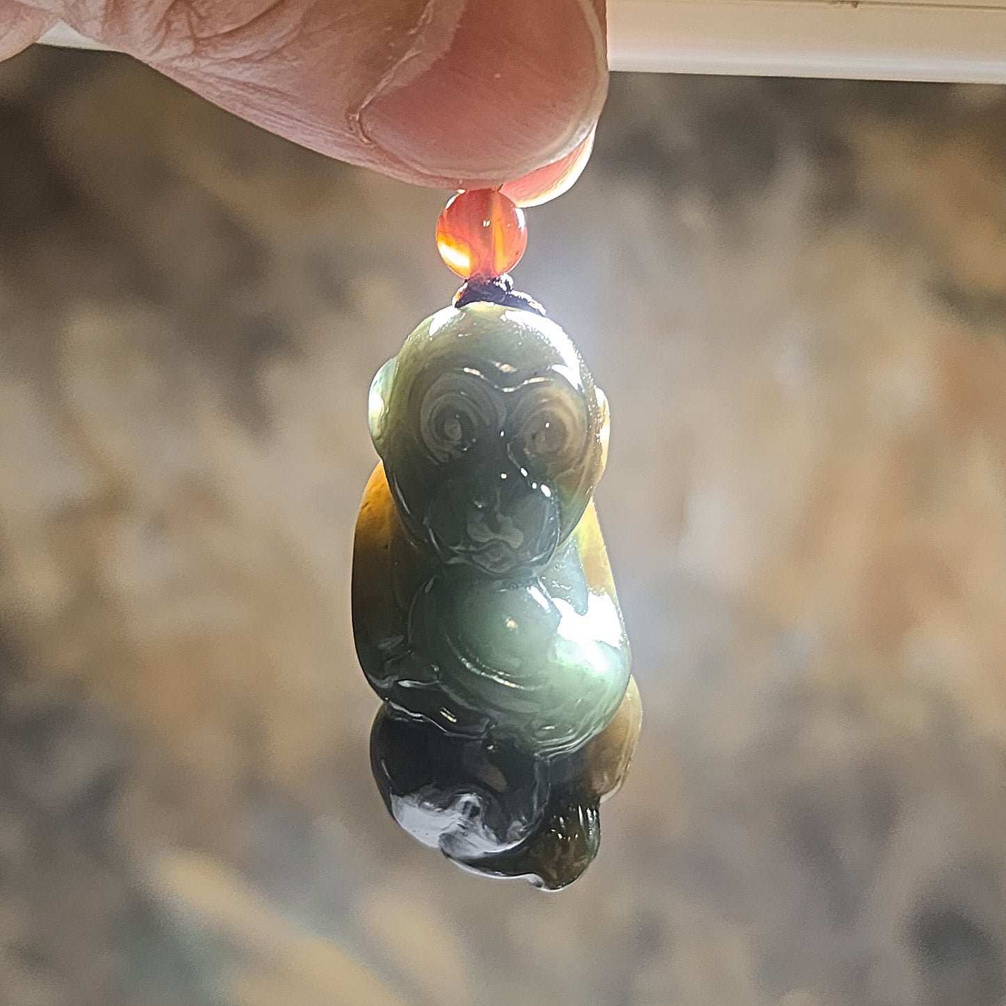 Premium Nephrite caramel brown blue green good greasiness 3 dimensional Monkey & Gold Ingot Jade pendant (with certificate) 优质且末蓝调糖青白細腻油润和田玉猴子元宝吊坠(带证书)