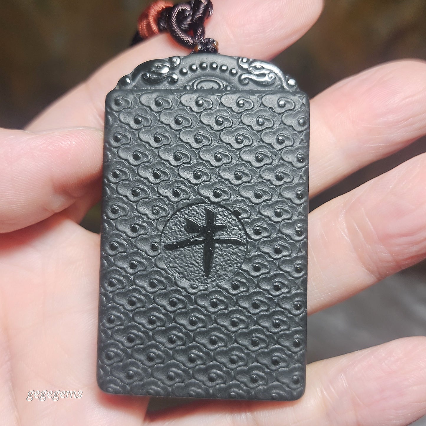 Premium Nephrite ink green double sides cravings Ox and Auspicious Cloud Jade pendant (with certificate) [Natural Crystal] 优质和田玉塔青墨绿双面雕刻牛祥云吊坠(带证书)