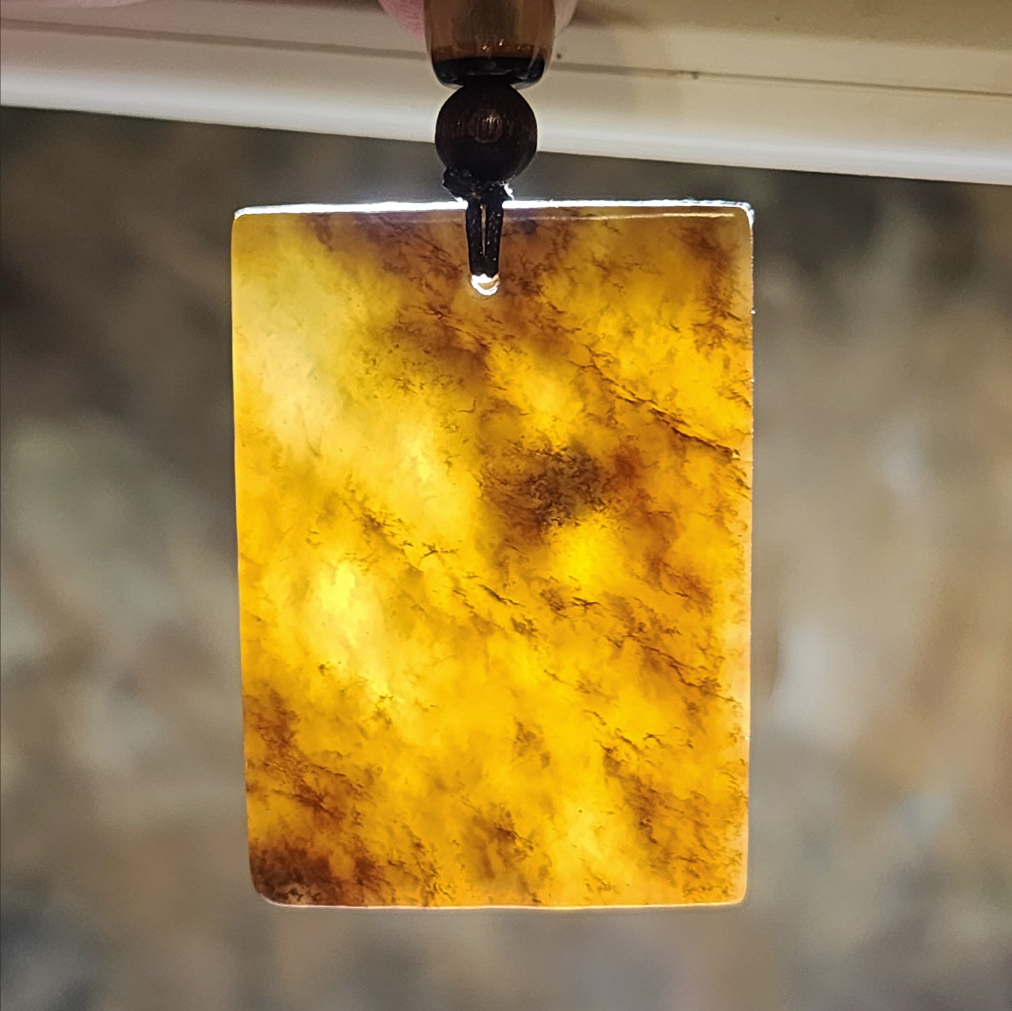 25.96 grams Premium Nephrite qinghua caramel brown light green Wu Shi Pai natural landscape pattern Jade pendant (with certificate) 且末和田玉糖青白无事牌天然山水纹路意境吊坠(带证书)