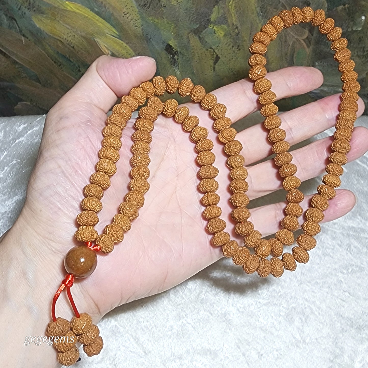 9.7mm Natural 9 Mukhi (Faces) "Coiling Dragon" abacus shape Rudraksha with 13.5mm Type A Yellow Jadeite 108 mala necklace [Natural unprocessed] 九瓣盘龙飞碟小金刚菩提配黄翡圆珠108念珠项链