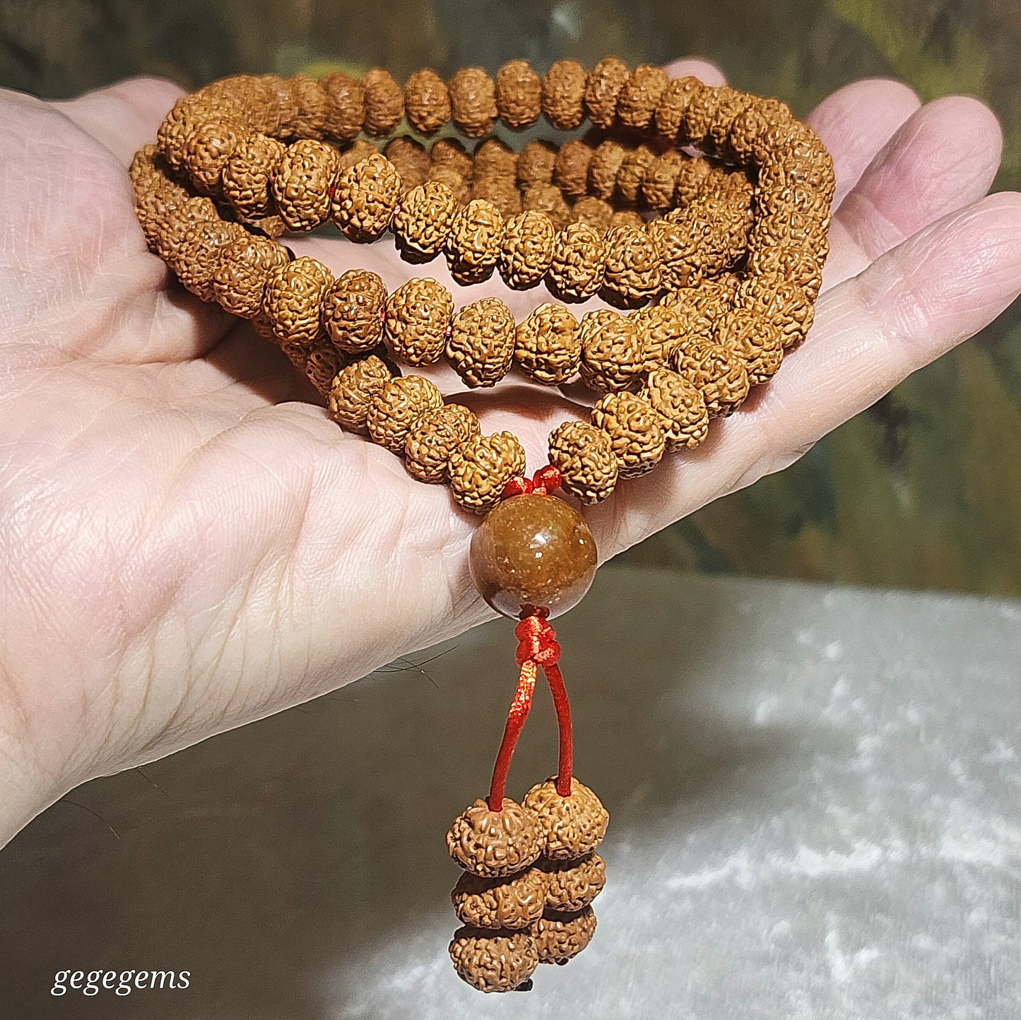 9.7mm Natural 9 Mukhi (Faces) "Coiling Dragon" abacus shape Rudraksha with 13.5mm Type A Yellow Jadeite 108 mala necklace [Natural unprocessed] 九瓣盘龙飞碟小金刚菩提配黄翡圆珠108念珠项链