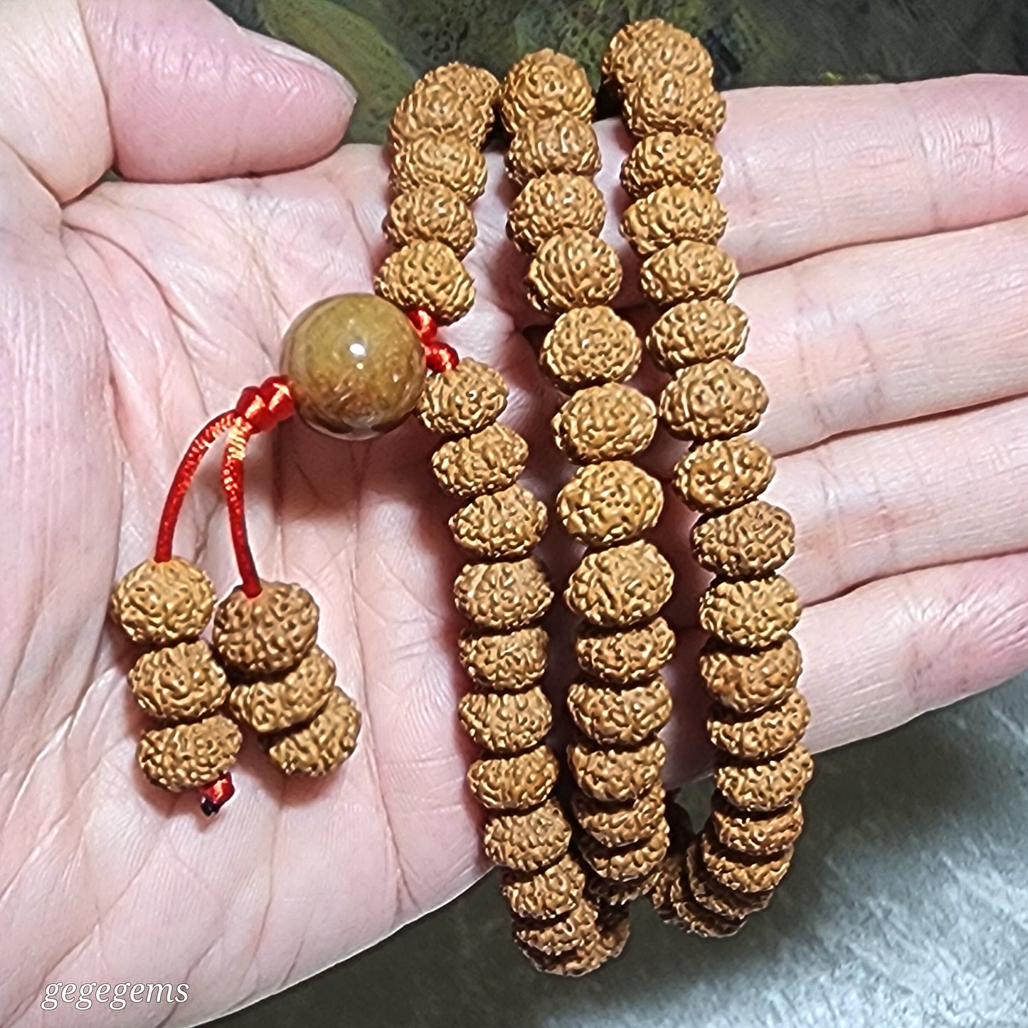 9.7mm Natural 9 Mukhi (Faces) "Coiling Dragon" abacus shape Rudraksha with 13.5mm Type A Yellow Jadeite 108 mala necklace [Natural unprocessed] 九瓣盘龙飞碟小金刚菩提配黄翡圆珠108念珠项链