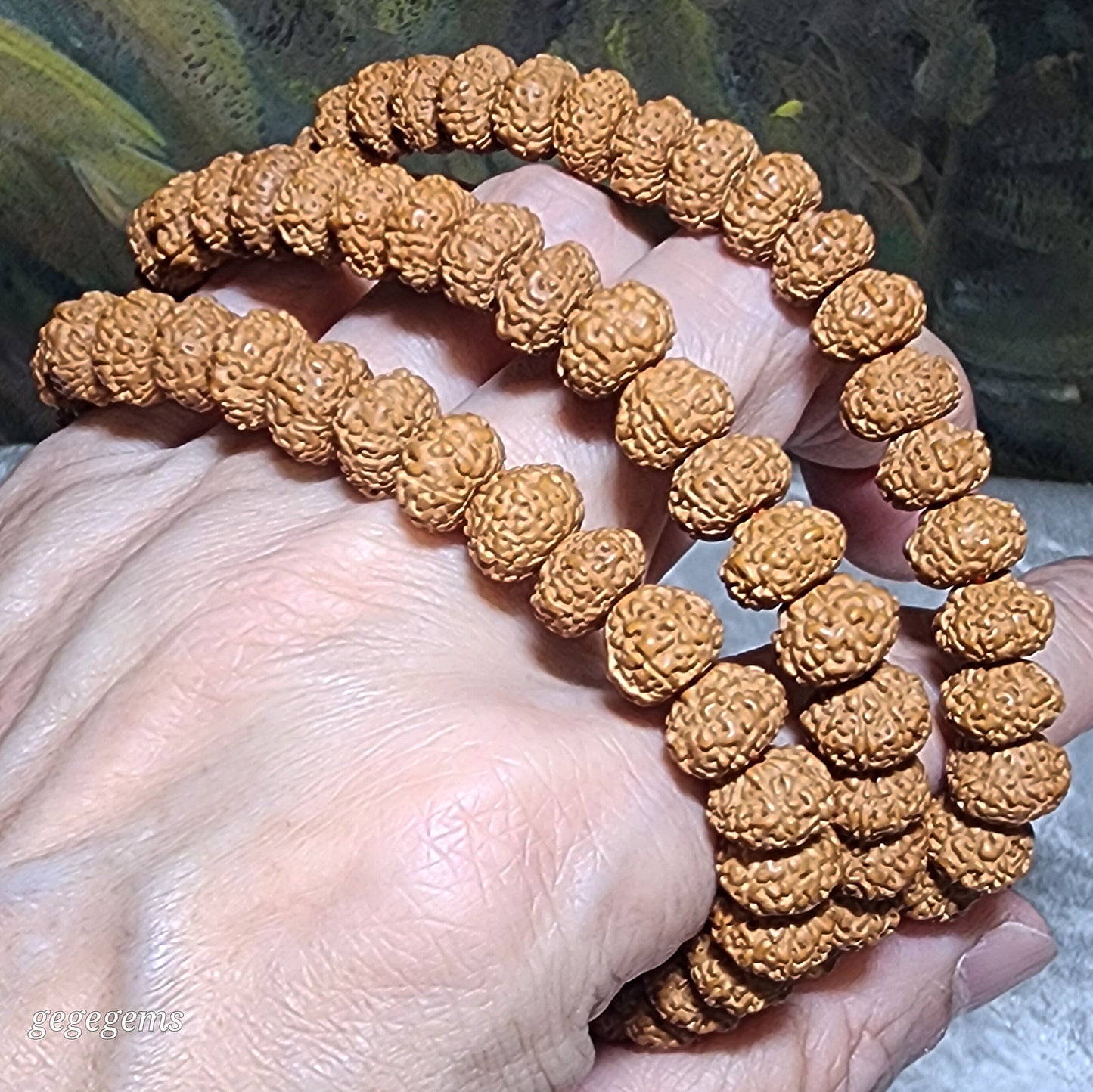 9.7mm Natural 9 Mukhi (Faces) "Coiling Dragon" abacus shape Rudraksha with 13.5mm Type A Yellow Jadeite 108 mala necklace [Natural unprocessed] 九瓣盘龙飞碟小金刚菩提配黄翡圆珠108念珠项链