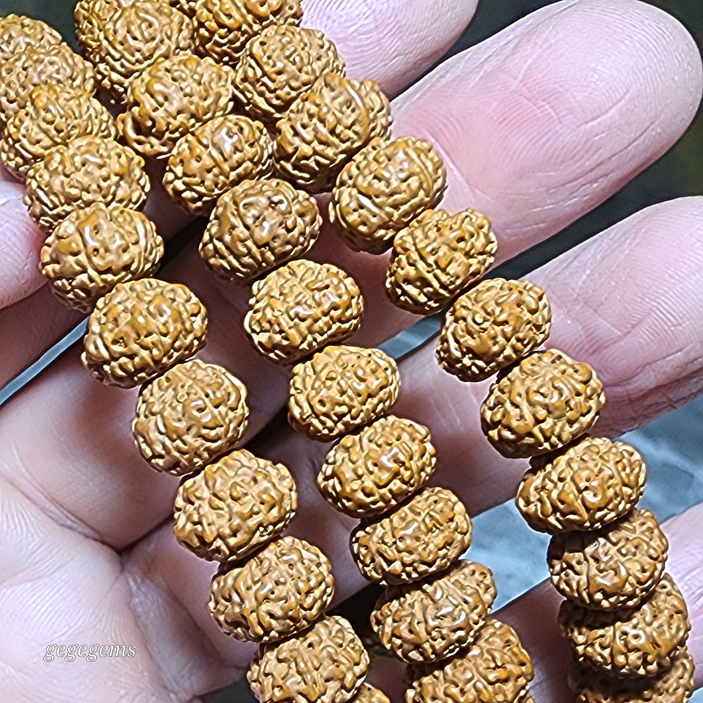 9.7mm Natural 9 Mukhi (Faces) "Coiling Dragon" abacus shape Rudraksha with 13.5mm Type A Yellow Jadeite 108 mala necklace [Natural unprocessed] 九瓣盘龙飞碟小金刚菩提配黄翡圆珠108念珠项链
