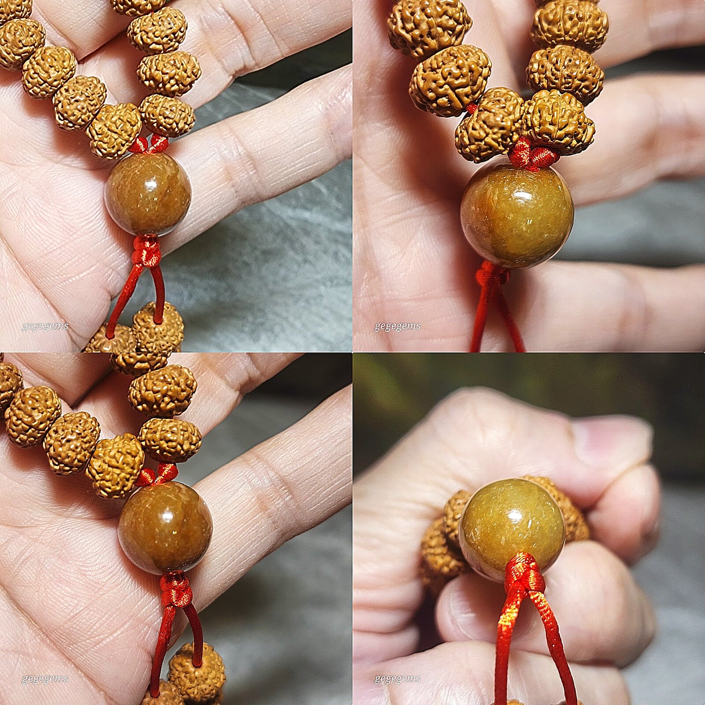 9.7mm Natural 9 Mukhi (Faces) "Coiling Dragon" abacus shape Rudraksha with 13.5mm Type A Yellow Jadeite 108 mala necklace [Natural unprocessed] 九瓣盘龙飞碟小金刚菩提配黄翡圆珠108念珠项链