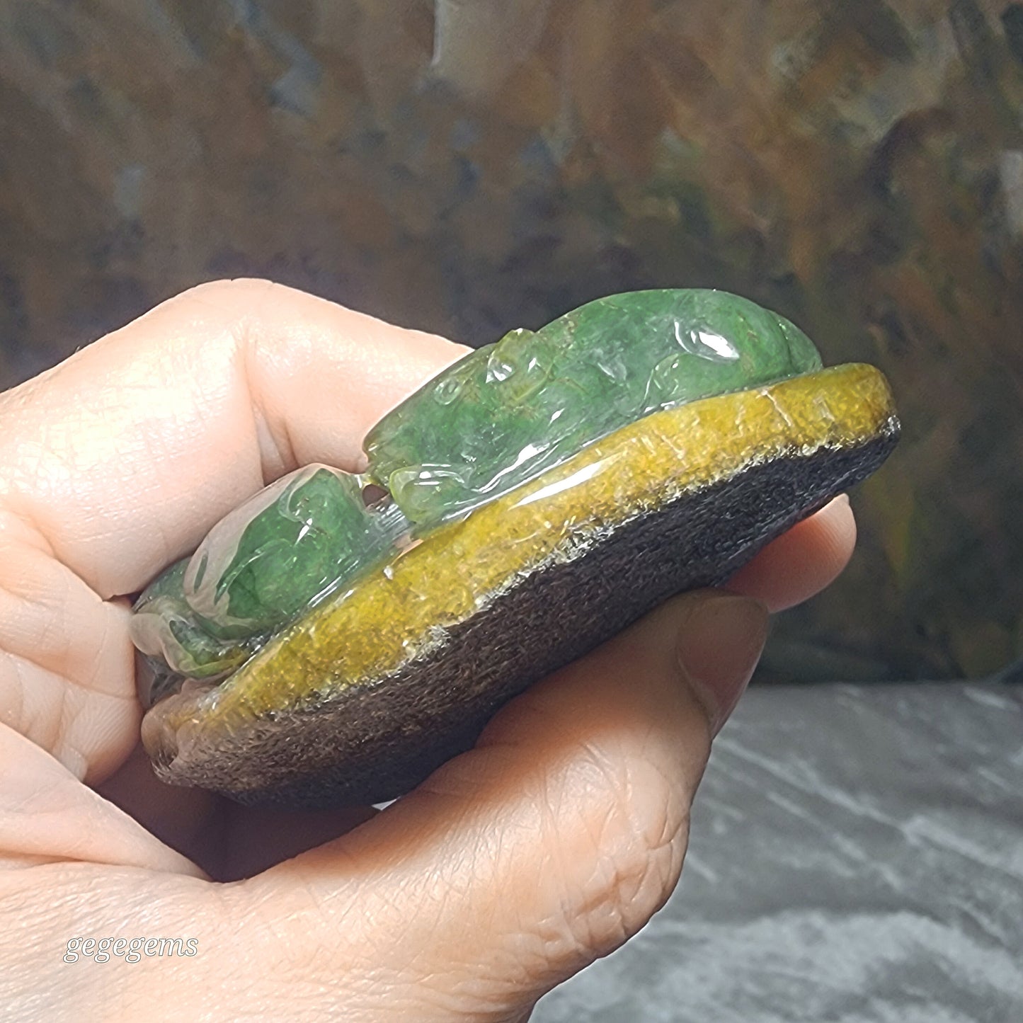 Type A Jadeite light green light yellow with "Jade skin" Rats & Coins palmstone/small display (with certificate) 翡翠A货带原玉皮浅绿淡黄双鼠运财把件小摆设(带证书)