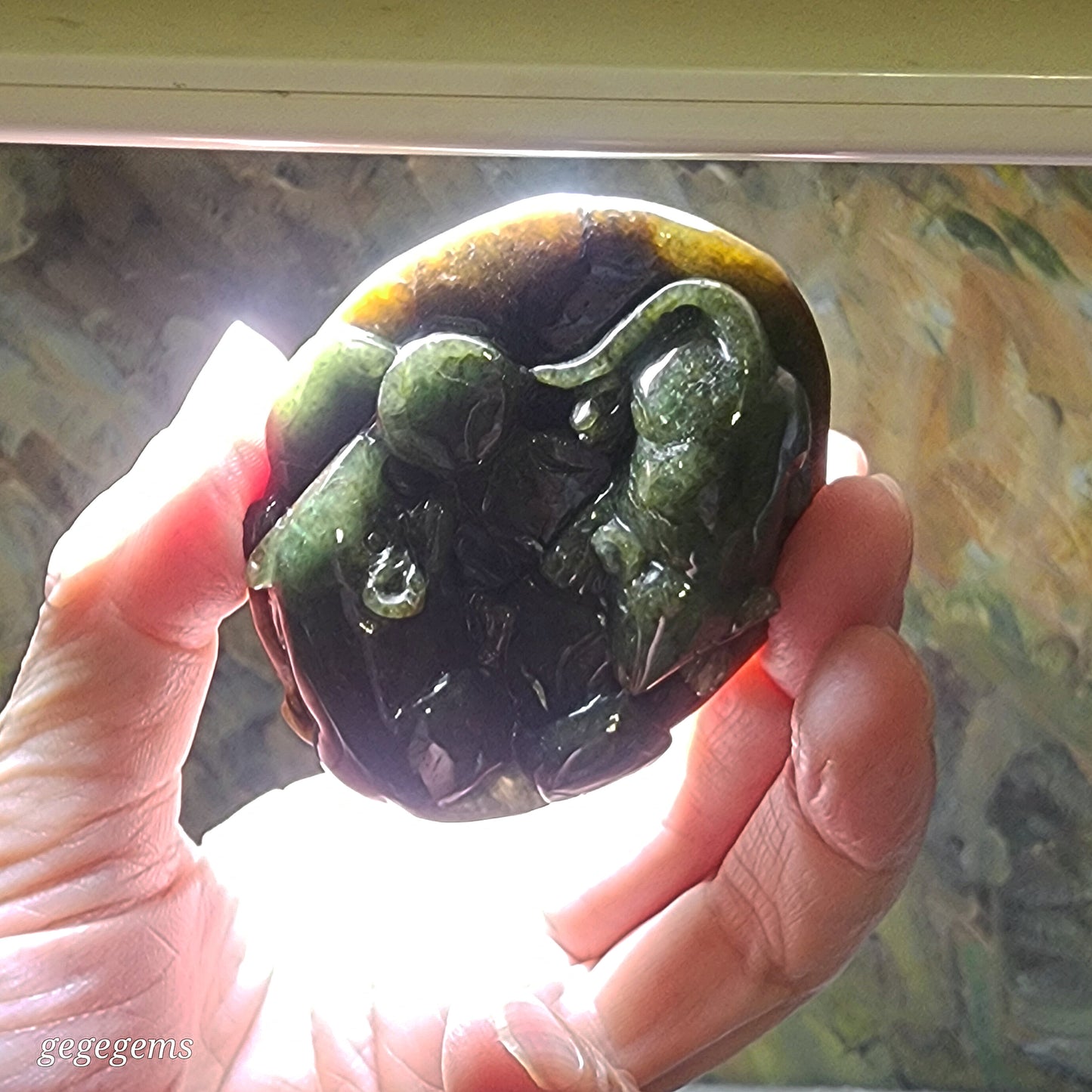 Type A Jadeite light green light yellow with "Jade skin" Rats & Coins palmstone/small display (with certificate) 翡翠A货带原玉皮浅绿淡黄双鼠运财把件小摆设(带证书)