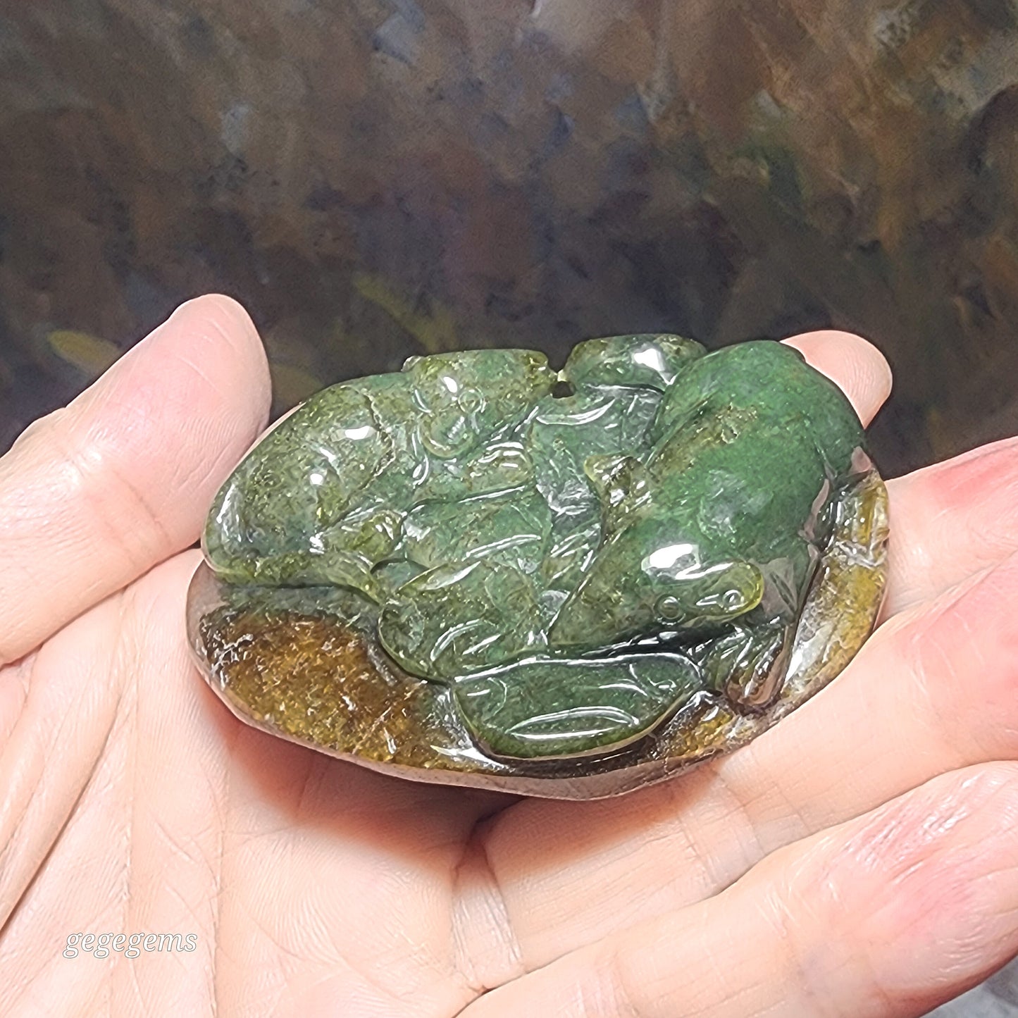 Type A Jadeite light green light yellow with "Jade skin" Rats & Coins palmstone/small display (with certificate) 翡翠A货带原玉皮浅绿淡黄双鼠运财把件小摆设(带证书)