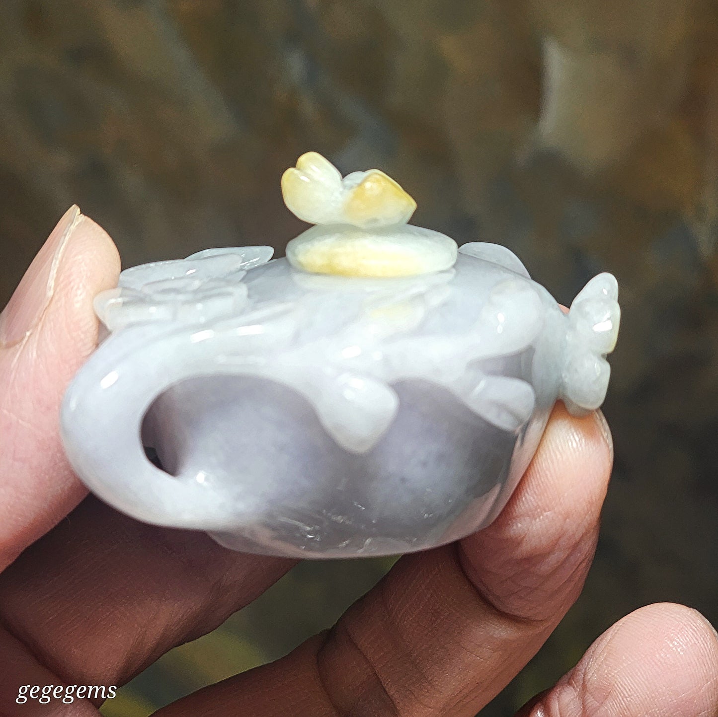Premium Type A Jadeite light yellow light lavender light green hand carved Jade Teapot handheld (with certificate) 精品翡翠淡绿淡紫浅黄福禄寿三色手工圆雕小茶壶把件摆件(把把胡 把把赢)(带证书)