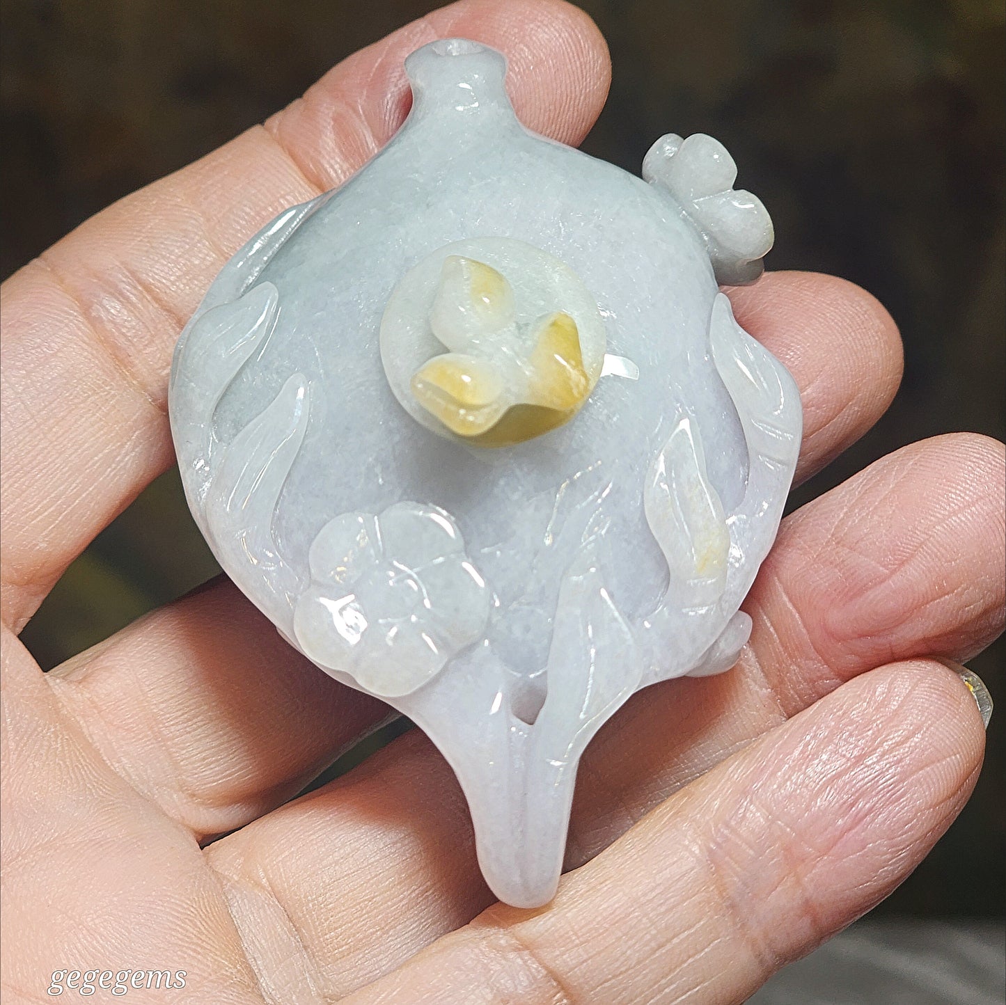 Premium Type A Jadeite light yellow light lavender light green hand carved Jade Teapot handheld (with certificate) 精品翡翠淡绿淡紫浅黄福禄寿三色手工圆雕小茶壶把件摆件(把把胡 把把赢)(带证书)