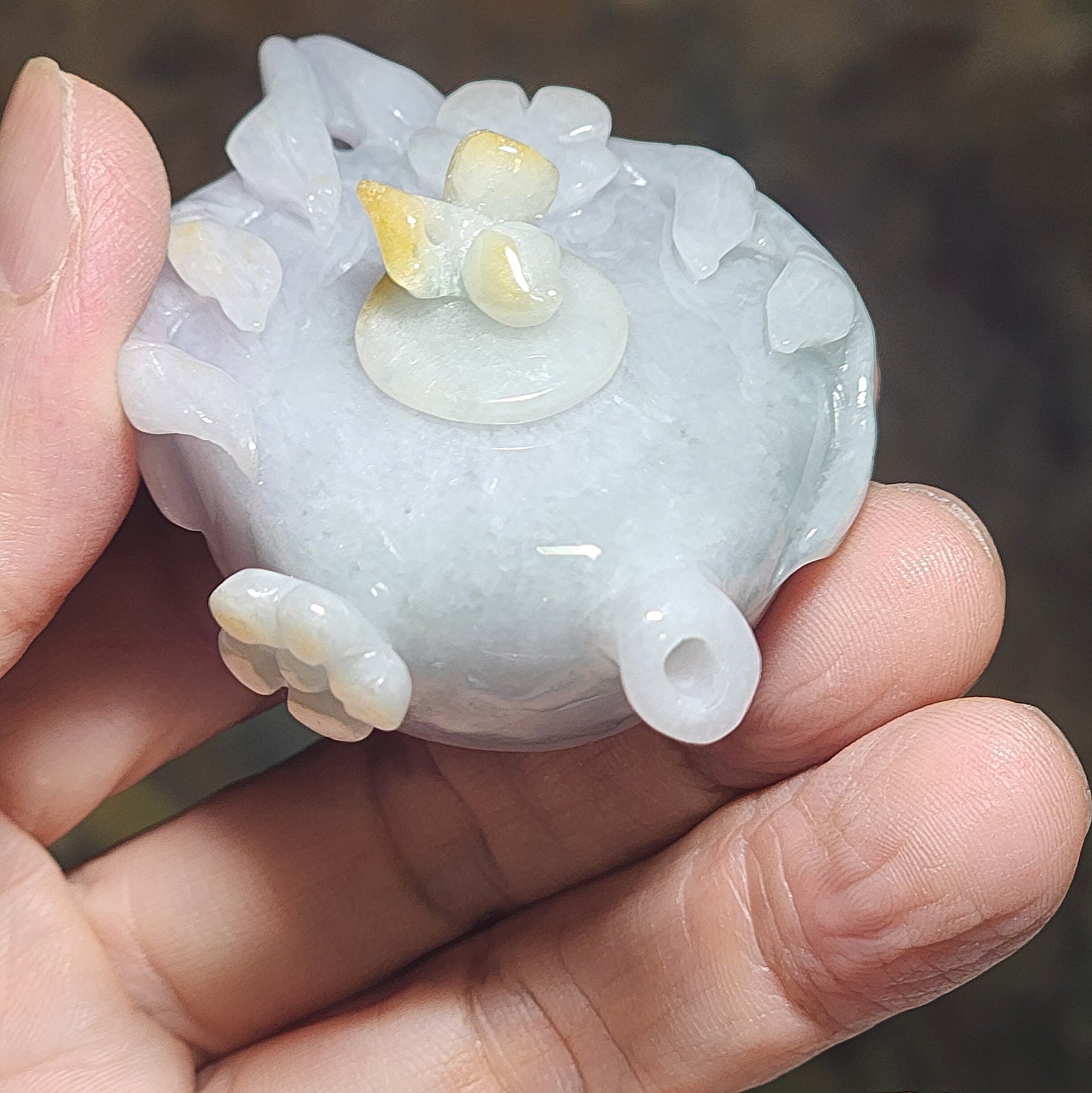 Premium Type A Jadeite light yellow light lavender light green hand carved Jade Teapot handheld (with certificate) 精品翡翠淡绿淡紫浅黄福禄寿三色手工圆雕小茶壶把件摆件(把把胡 把把赢)(带证书)