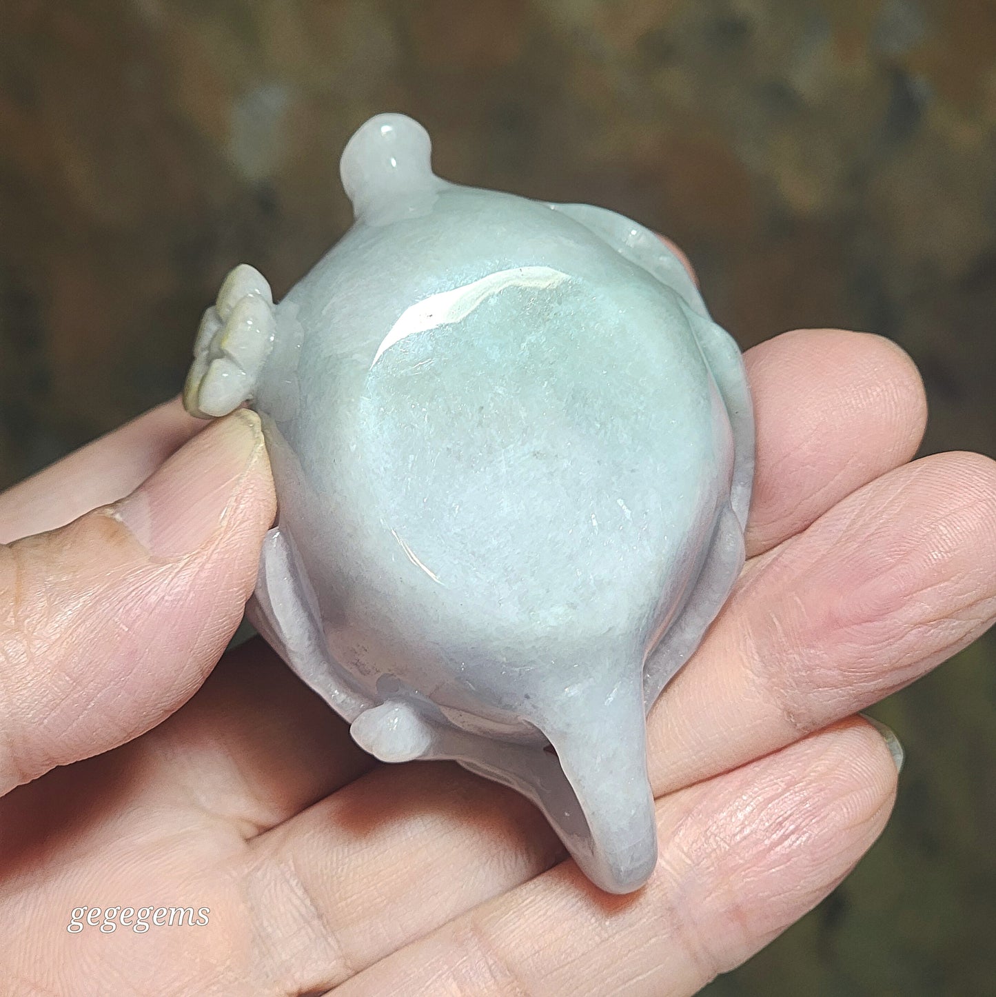 Premium Type A Jadeite light yellow light lavender light green hand carved Jade Teapot handheld (with certificate) 精品翡翠淡绿淡紫浅黄福禄寿三色手工圆雕小茶壶把件摆件(把把胡 把把赢)(带证书)