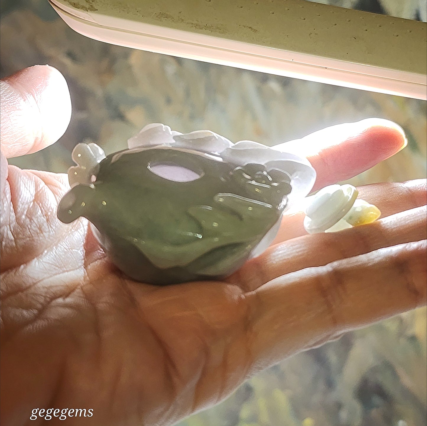 Premium Type A Jadeite light yellow light lavender light green hand carved Jade Teapot handheld (with certificate) 精品翡翠淡绿淡紫浅黄福禄寿三色手工圆雕小茶壶把件摆件(把把胡 把把赢)(带证书)