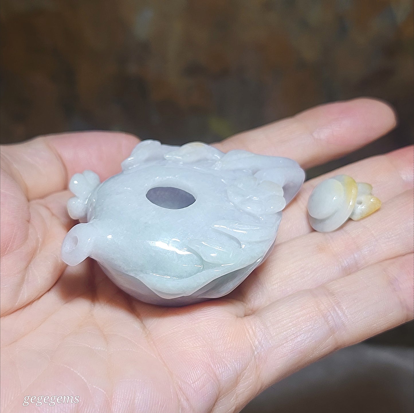 Premium Type A Jadeite light yellow light lavender light green hand carved Jade Teapot handheld (with certificate) 精品翡翠淡绿淡紫浅黄福禄寿三色手工圆雕小茶壶把件摆件(把把胡 把把赢)(带证书)