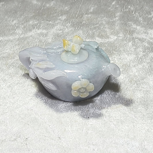 Premium Type A Jadeite light yellow light lavender light green hand carved Jade Teapot handheld (with certificate) 精品翡翠淡绿淡紫浅黄福禄寿三色手工圆雕小茶壶把件摆件(把把胡 把把赢)(带证书)