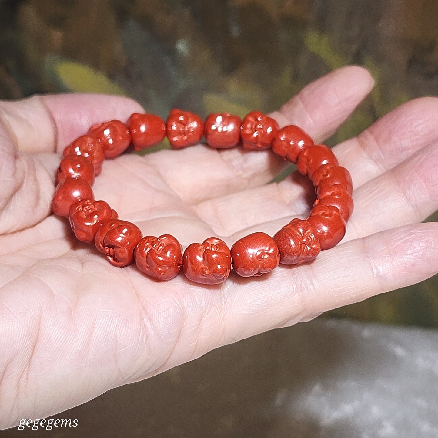 Purest natural Cinnabar 3 dimensional carvings Laughing Buddha bracelet [Natural Crystal] 原矿朱砂立体笑佛弥勒佛手链