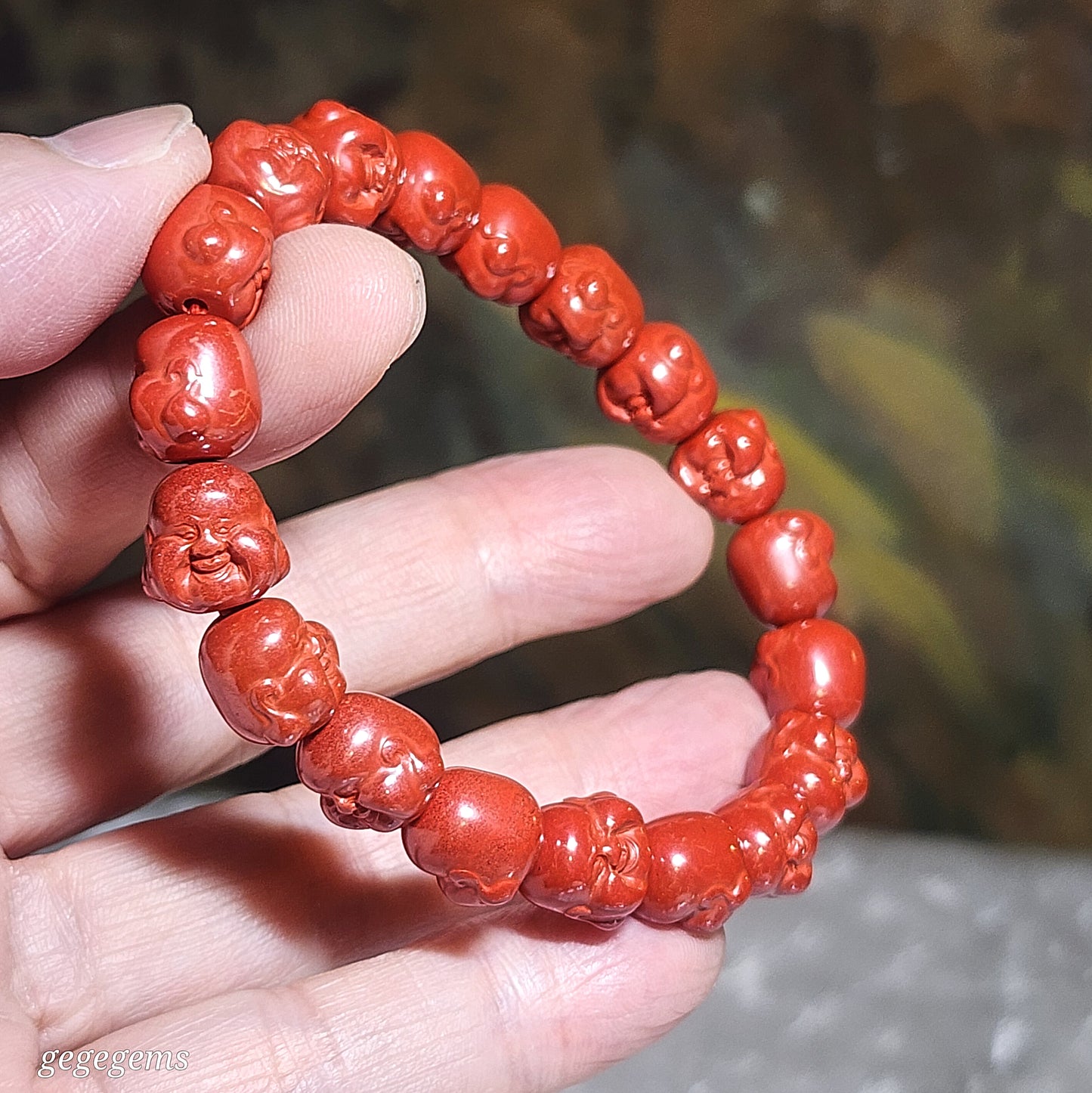 Purest natural Cinnabar 3 dimensional carvings Laughing Buddha bracelet [Natural Crystal] 原矿朱砂立体笑佛弥勒佛手链